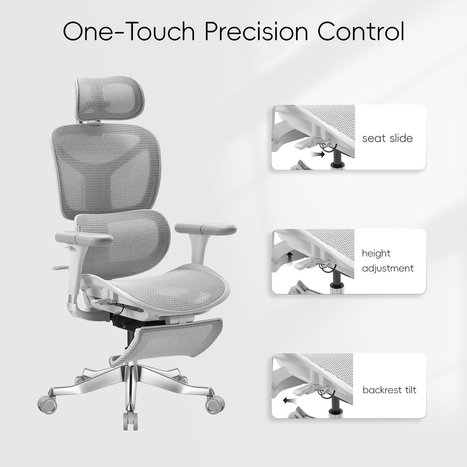 Welax-S9 ergonomic chair simplifies adjustments with single-lever control: seat slide (8 positions), backrest tilt (105°/116°/130°), and height. Saves time, boosts comfort for office/home use.