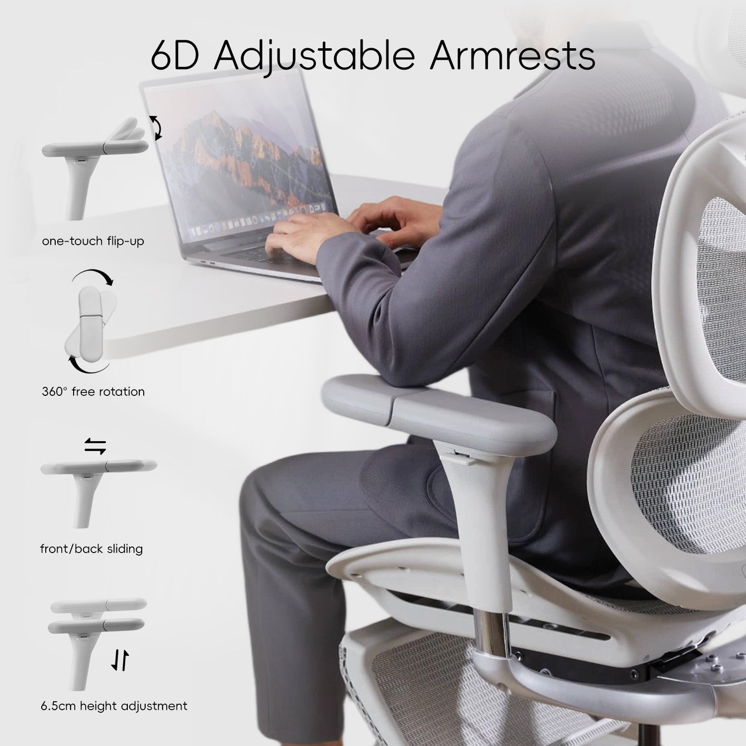 Rotating 6D armrests auto-adjust to any position, banishing arm fatigue