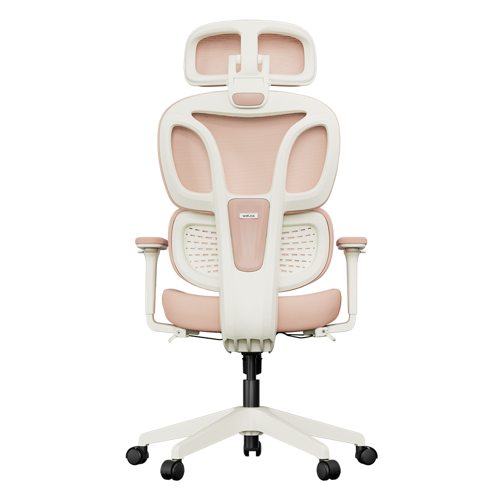Pink ergonomic office chair front view with headrest, mesh support panels, and casters
