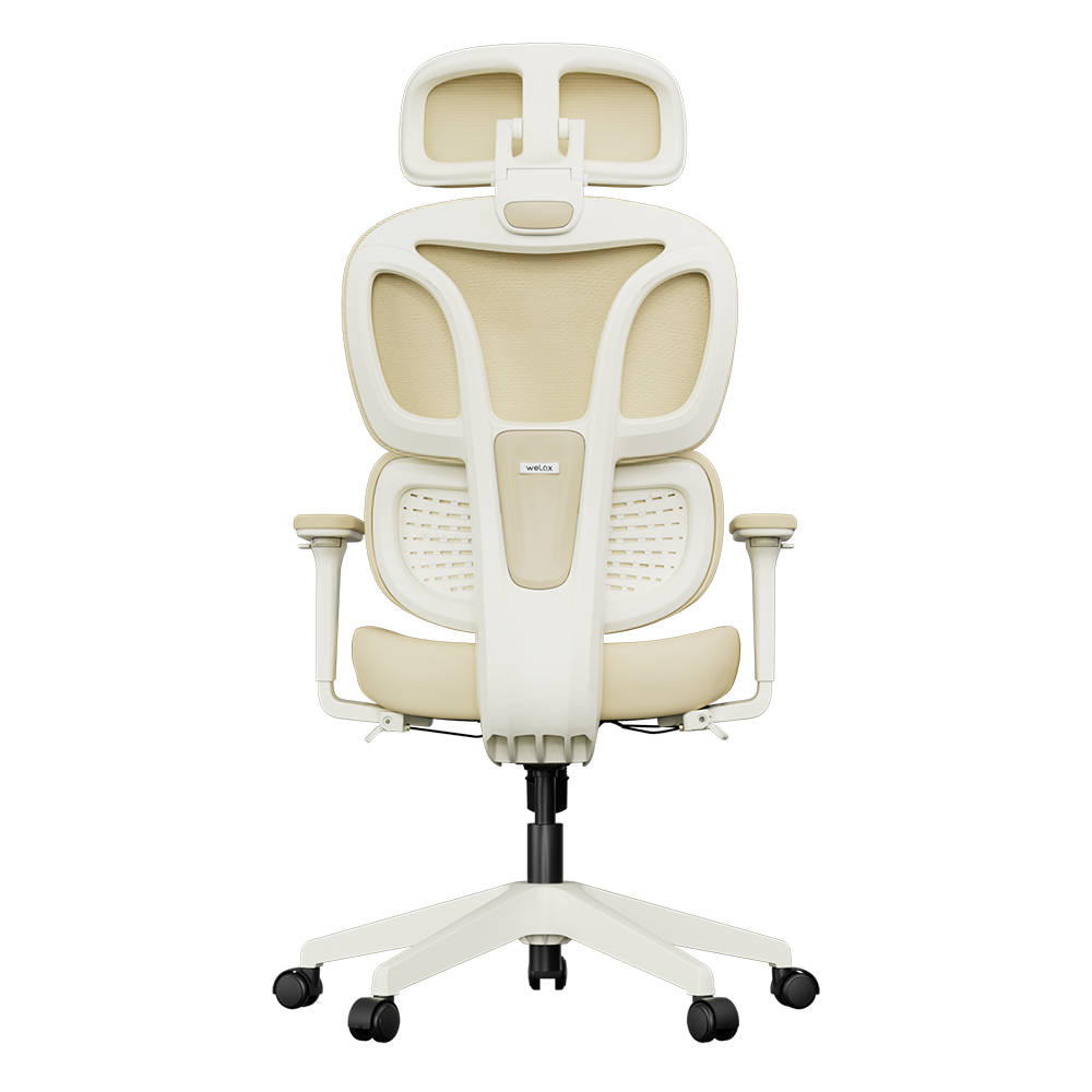 Cream ergonomic office chair front view with headrest, mesh panels, and caster wheels