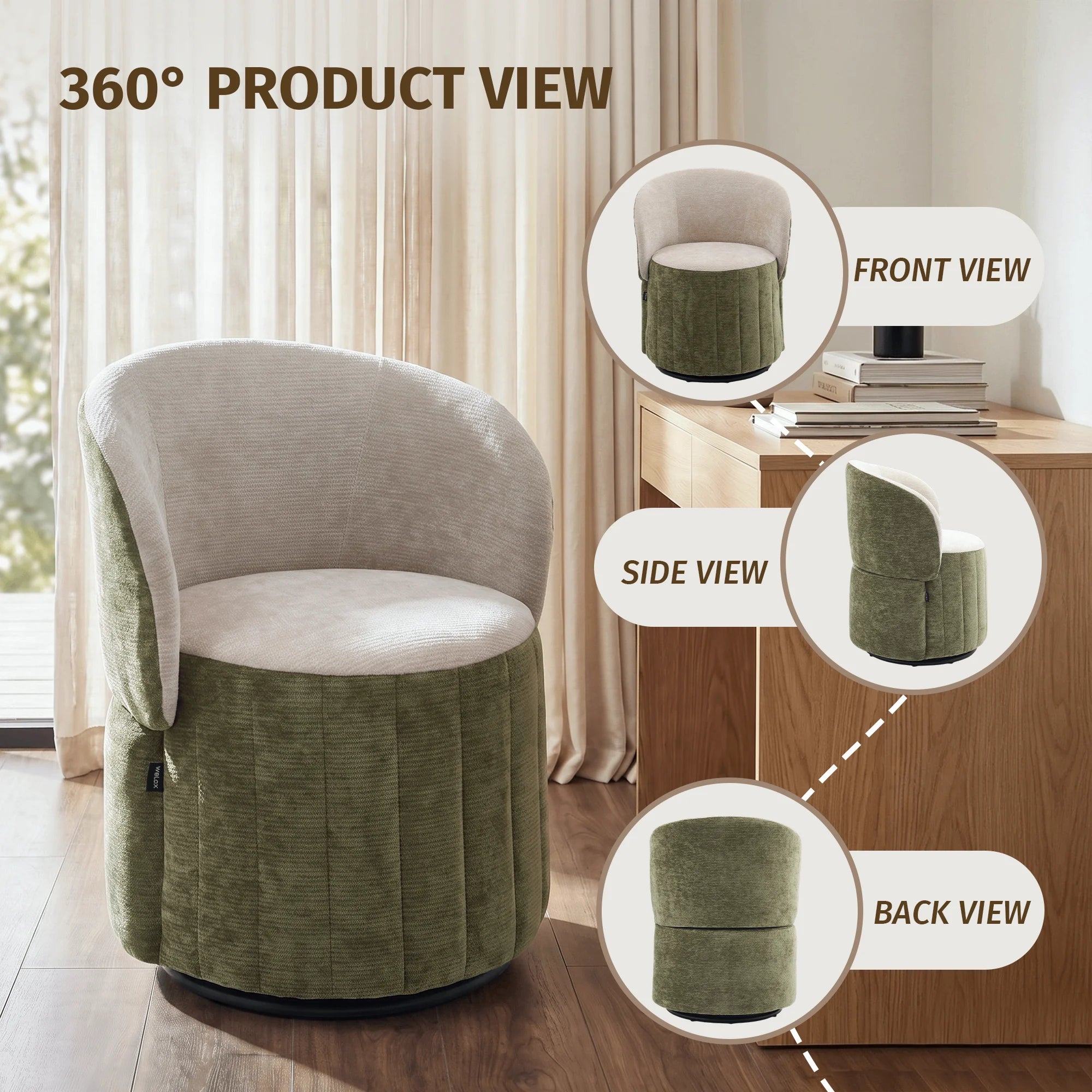 Green barrel accent chair with 360° swivel, curved backrest and rounded arms