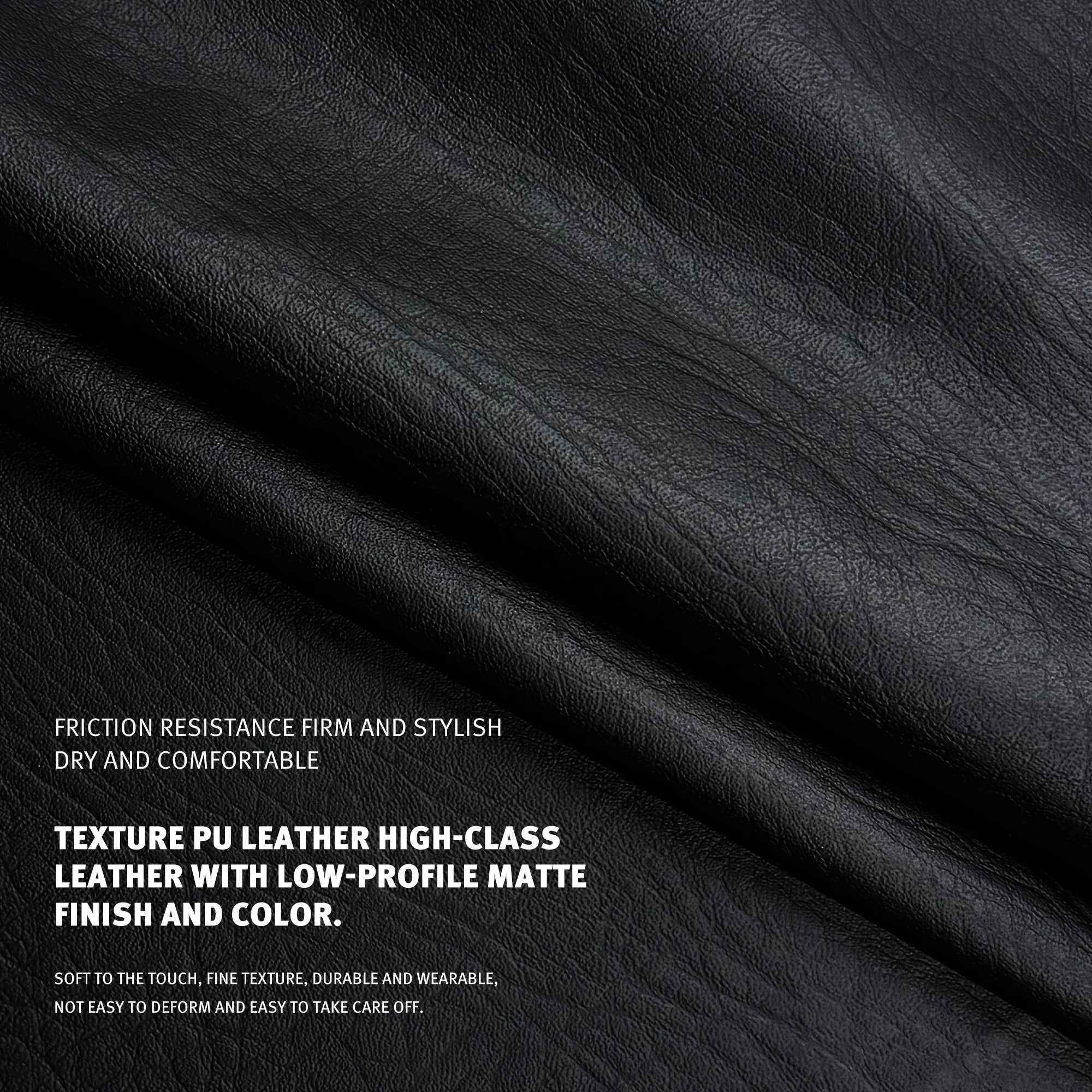 Matte black leather-look PU texture close-up with fine grain and low-gloss finish