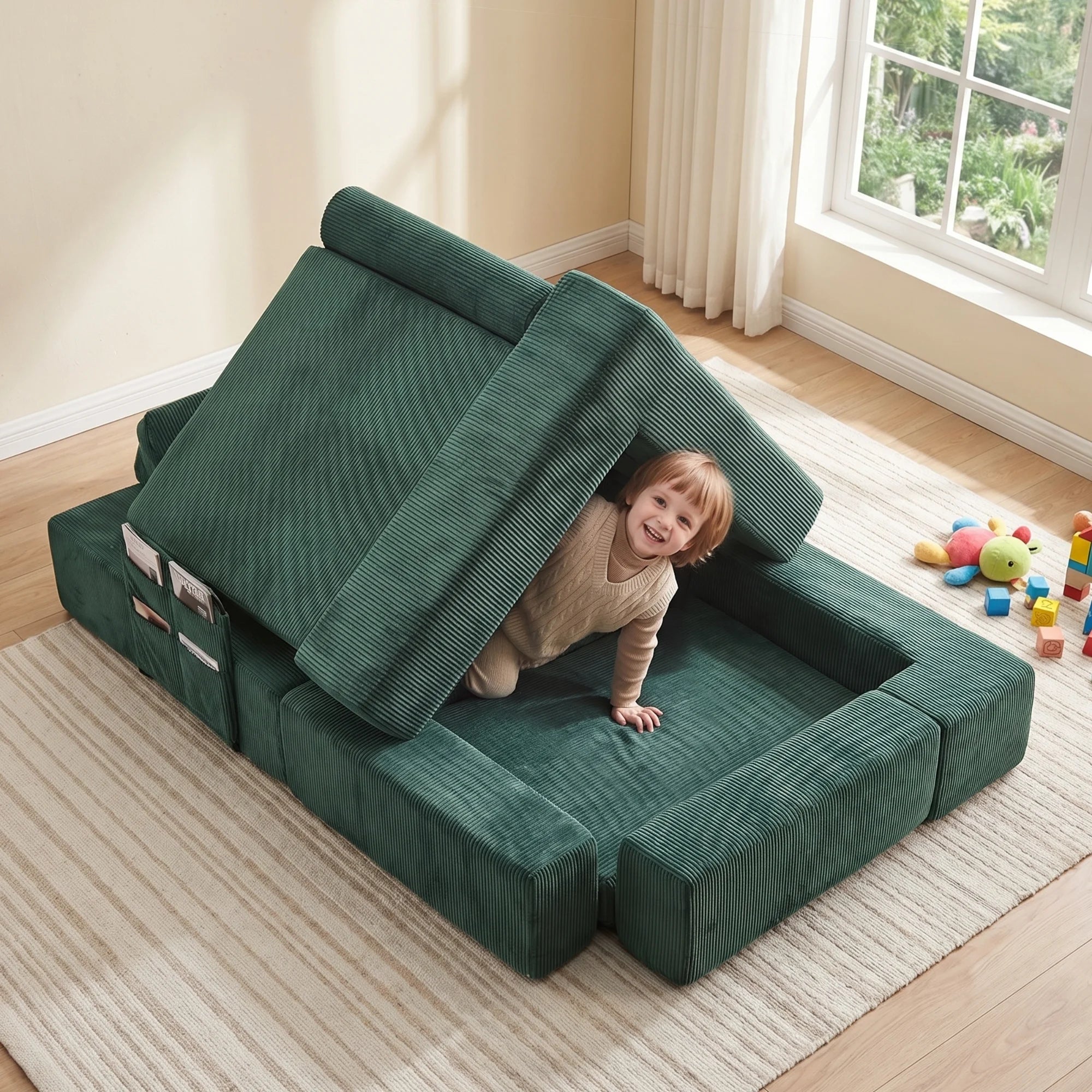 Green corduroy modular sofa with two fold-out cushions and upright backrest