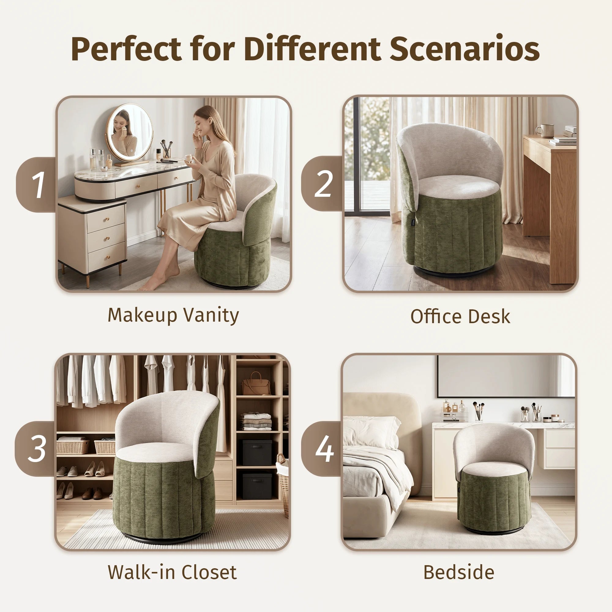 Green and beige barrel accent chair shown in multiple room scenes