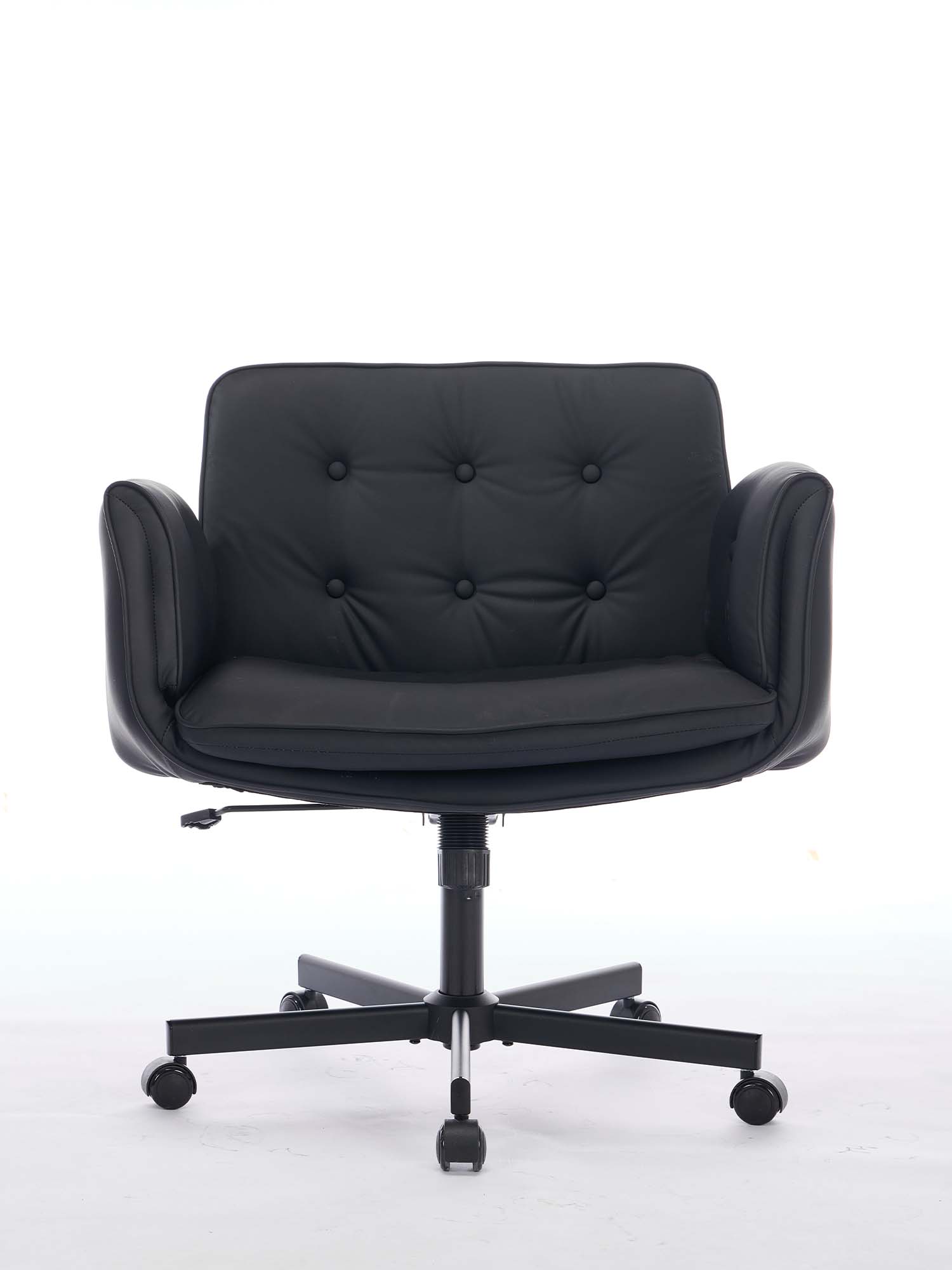 Black upholstered office chair with tufted back, contoured seat, and swivel base