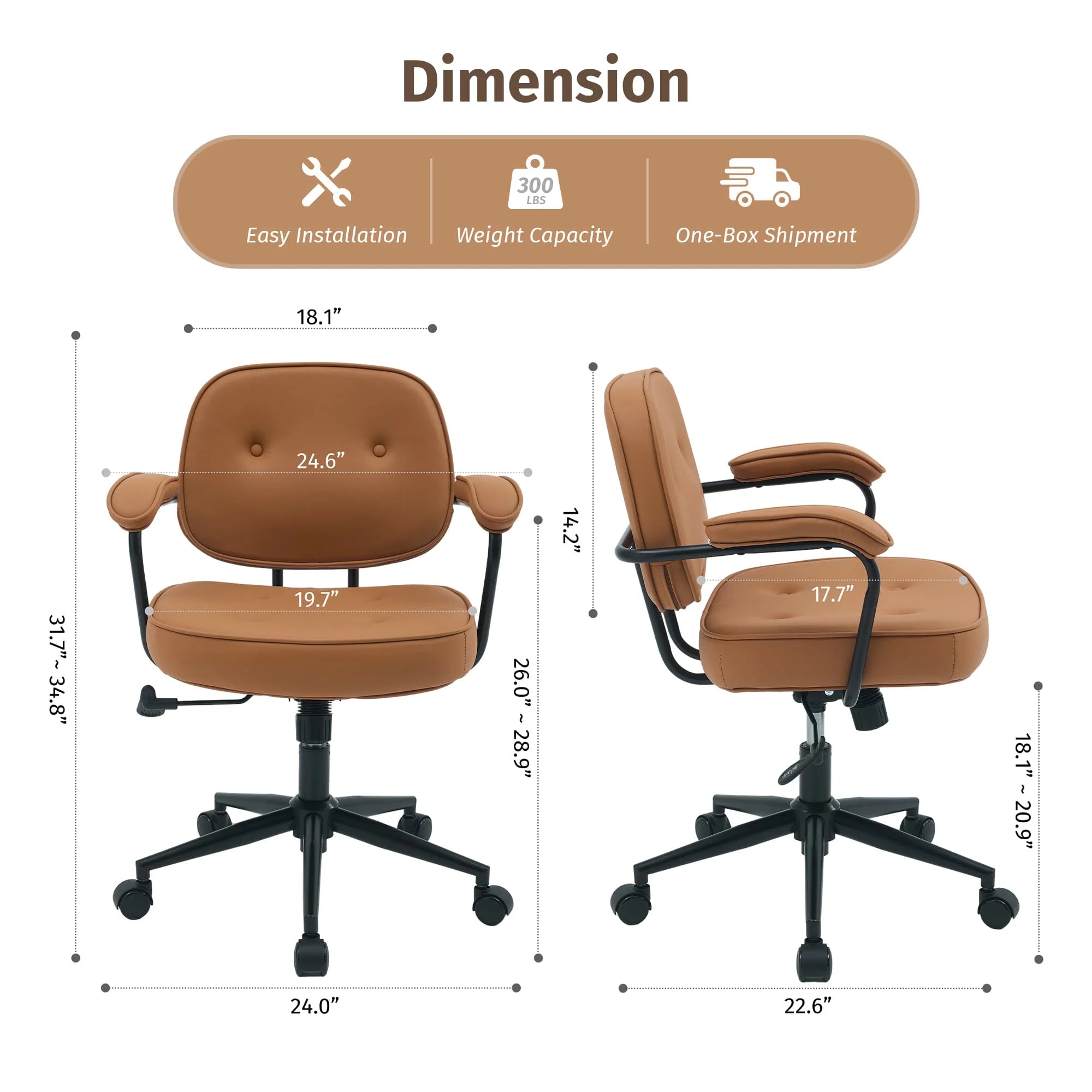 Burnt orange office chair with cushioned seat, padded back, and armrests; swivel base