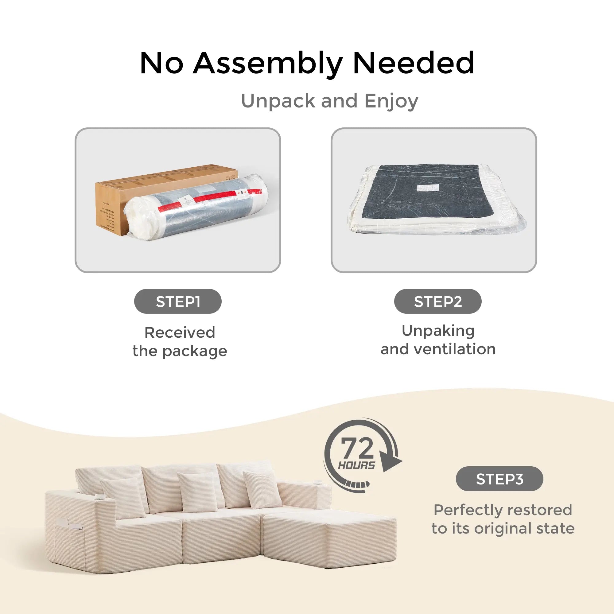Cream modular sofa shown with bundled package for delivery