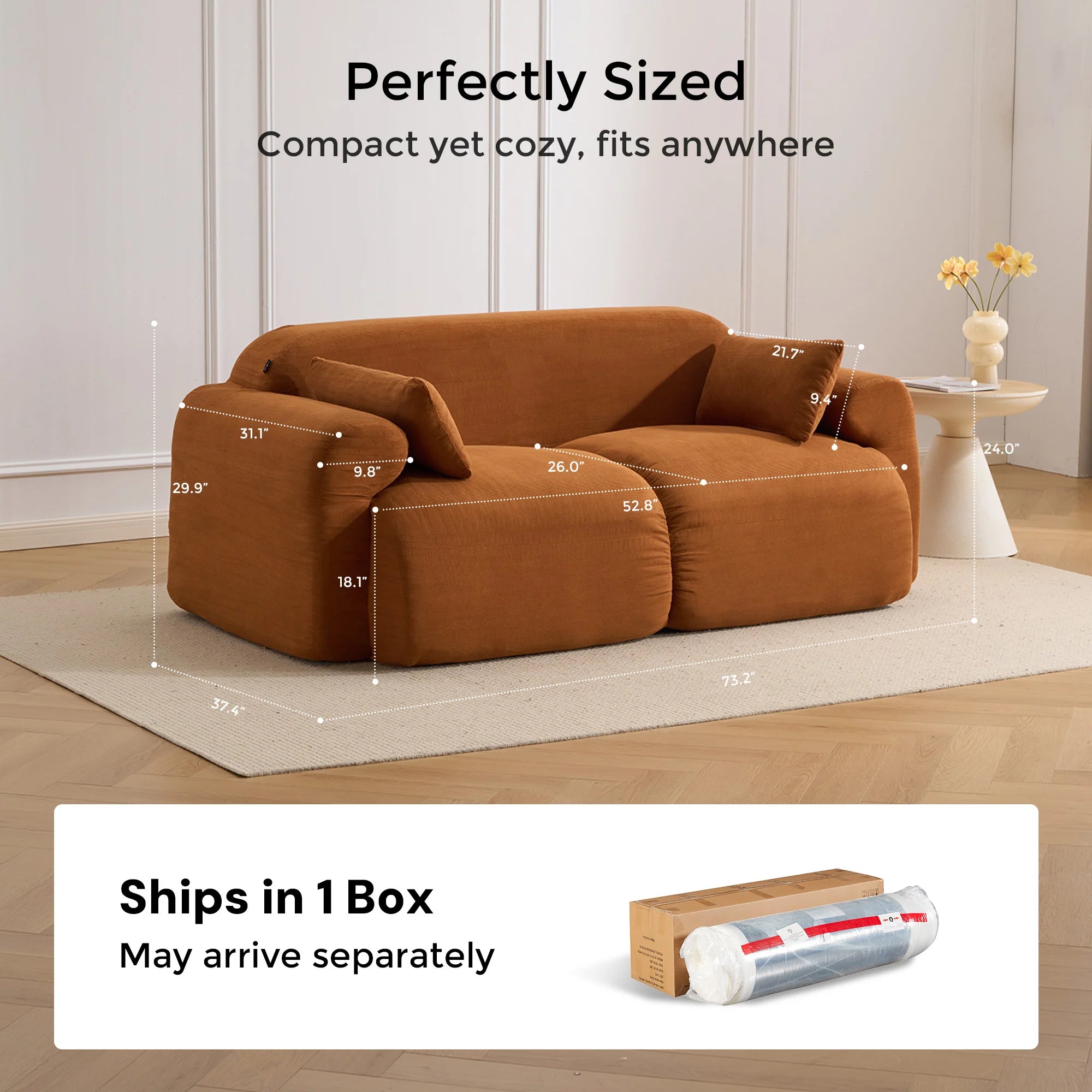 Burnt orange ribbed corduroy loveseat sofa with low back and rolled arms
