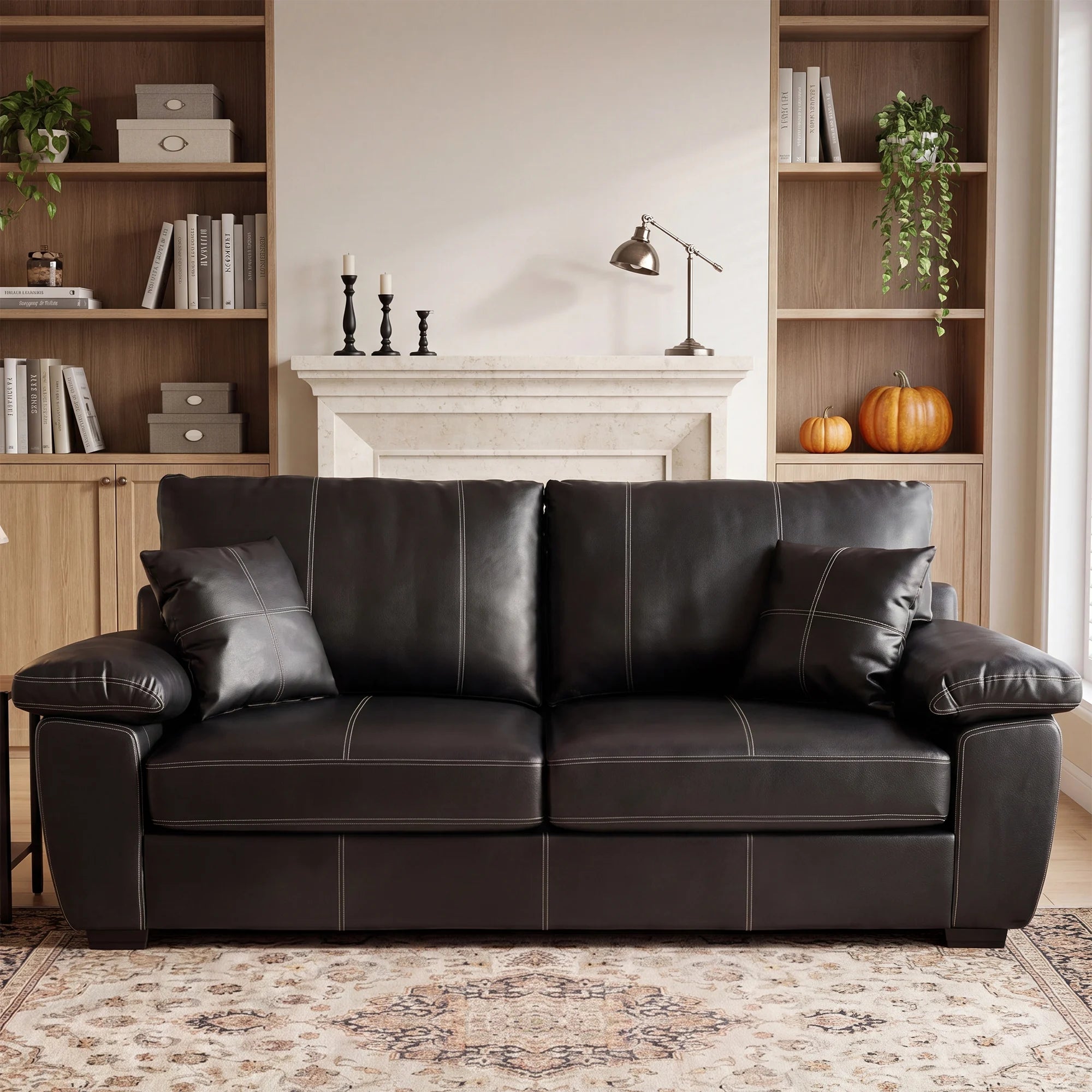 Black leather-look loveseat front view with split seat cushions and rolled armrests