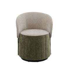 Green and beige barrel accent chair with foldable backrest and cushioned swivel base