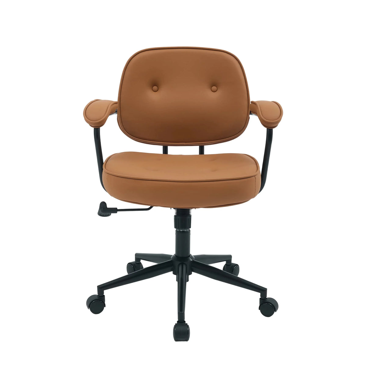 Burnt orange executive-style chair with black star base and casters