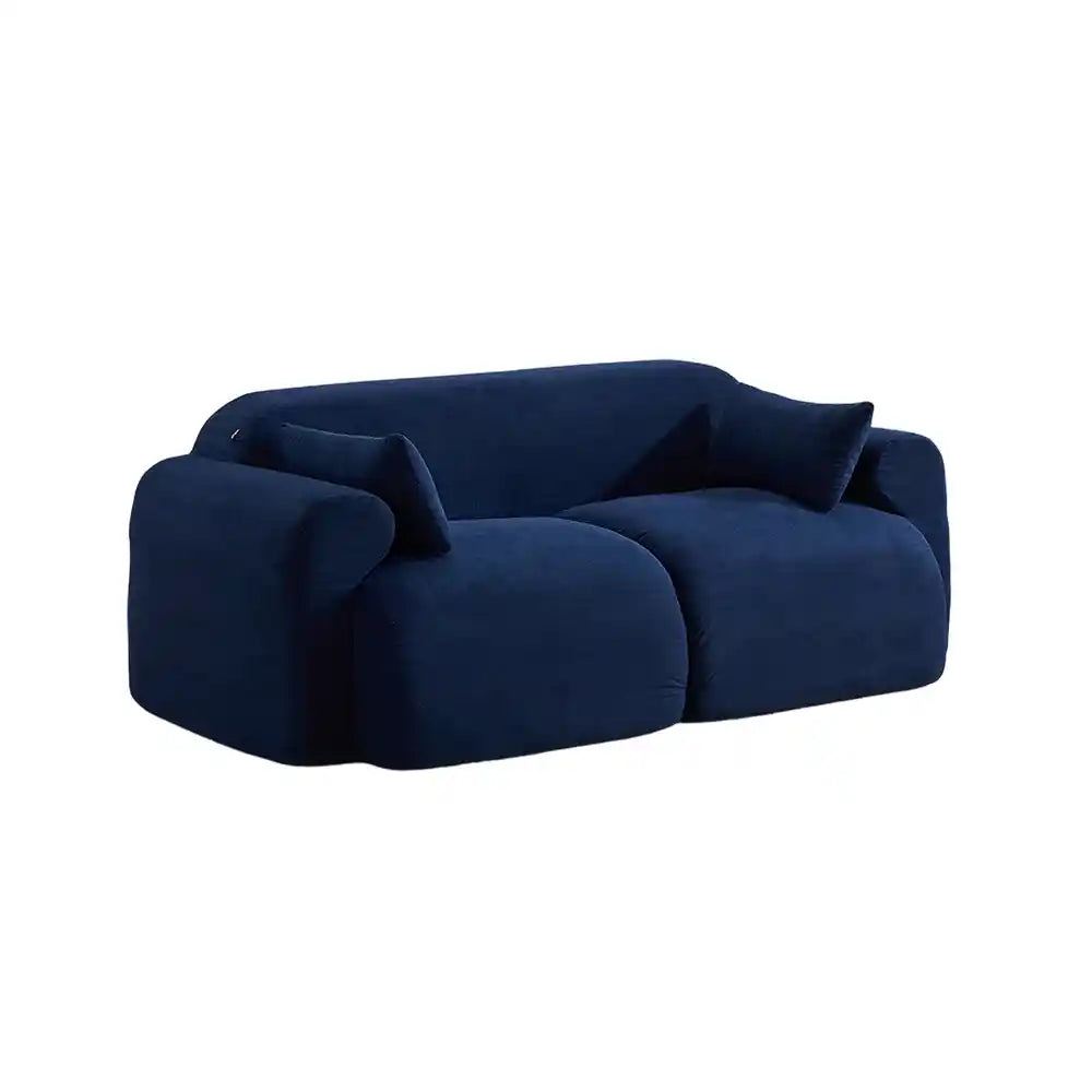 Dark blue corduroy loveseat sofa with rounded arms and two seat cushions