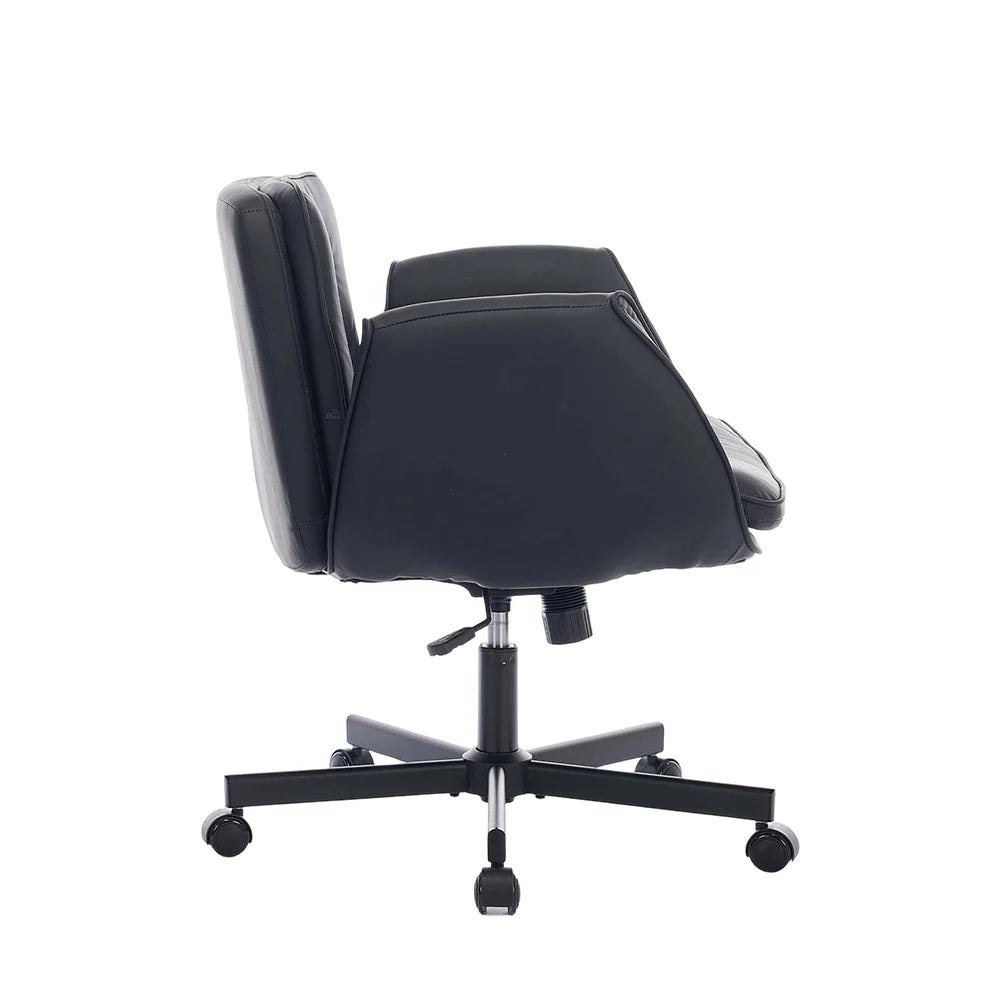 Dark upholstered office chair with padded armrests and winged seat sides