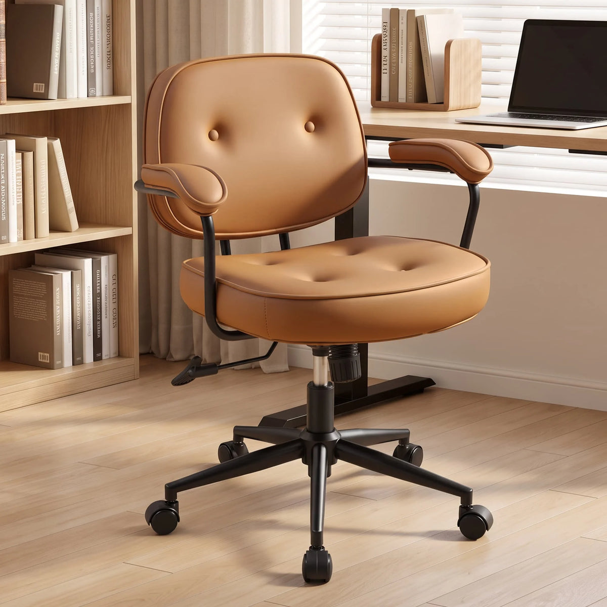 Burnt orange swivel office chair with armrests, padded back, and five-wheel base