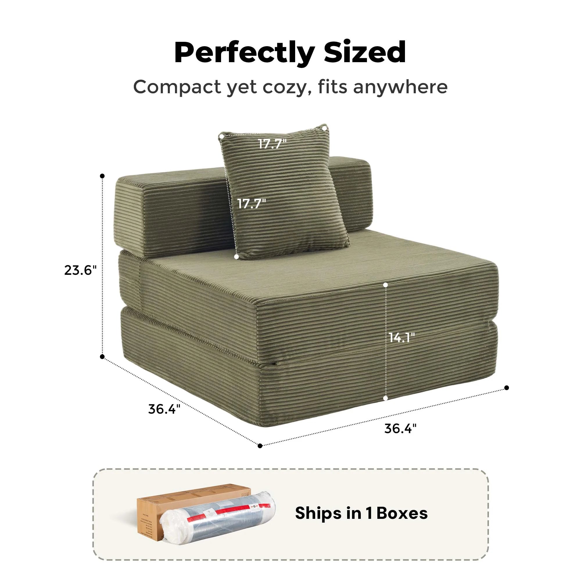 Single-seat sofa bed with two striped cushions, compact modular design in forest green