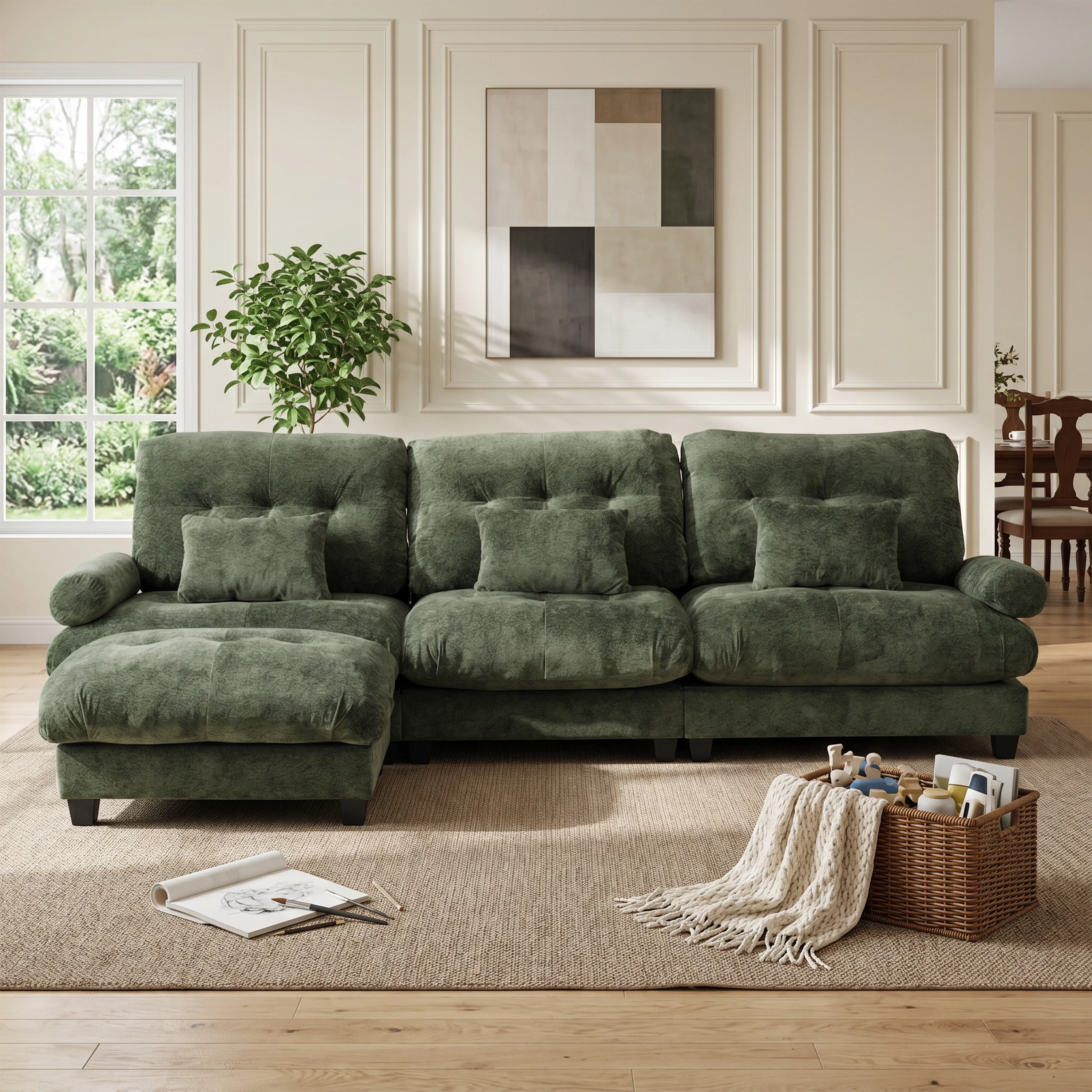 Green plush sofa with chaise extension and tufted back and seat cushions