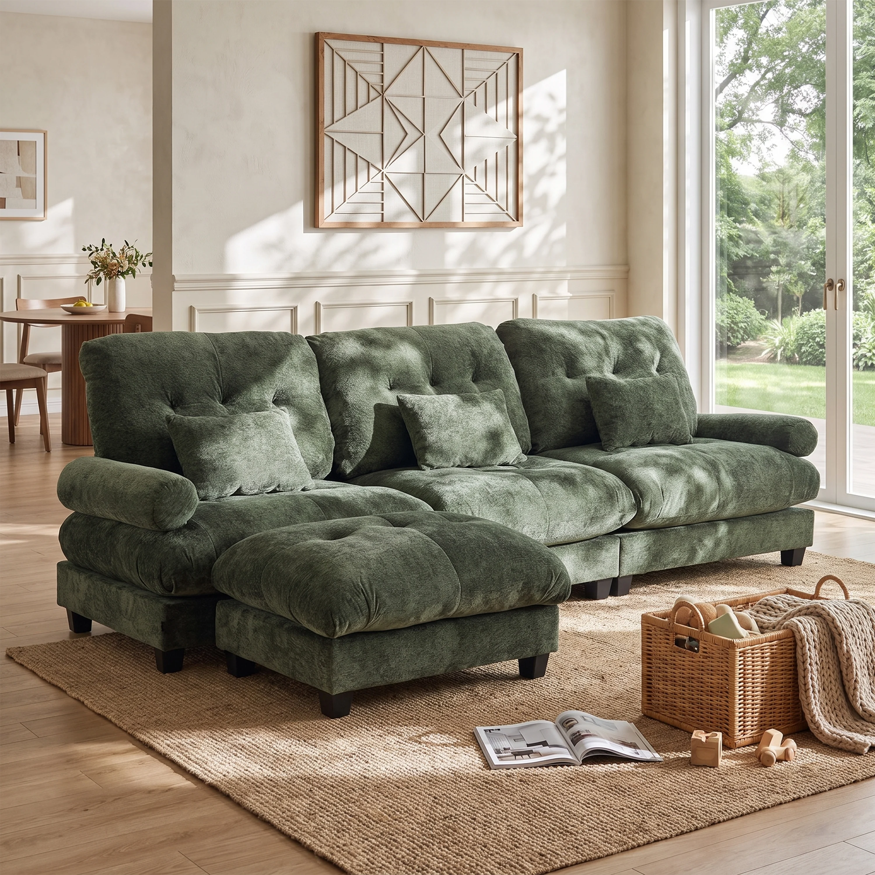 Green deep-seat sofa with chaise, tufted cushions, and dark block feet