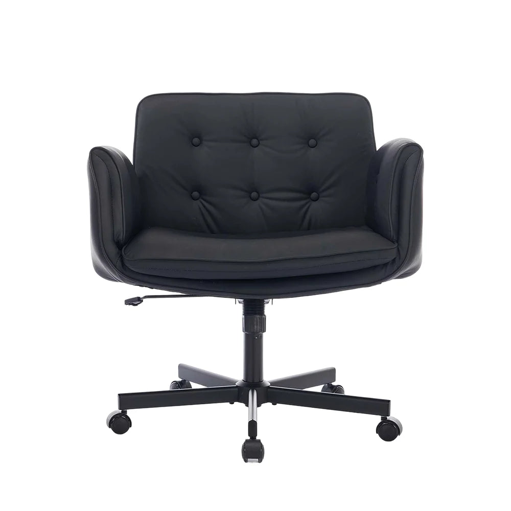 Dark upholstered office chair with tufted back and cushioned seat on swivel base