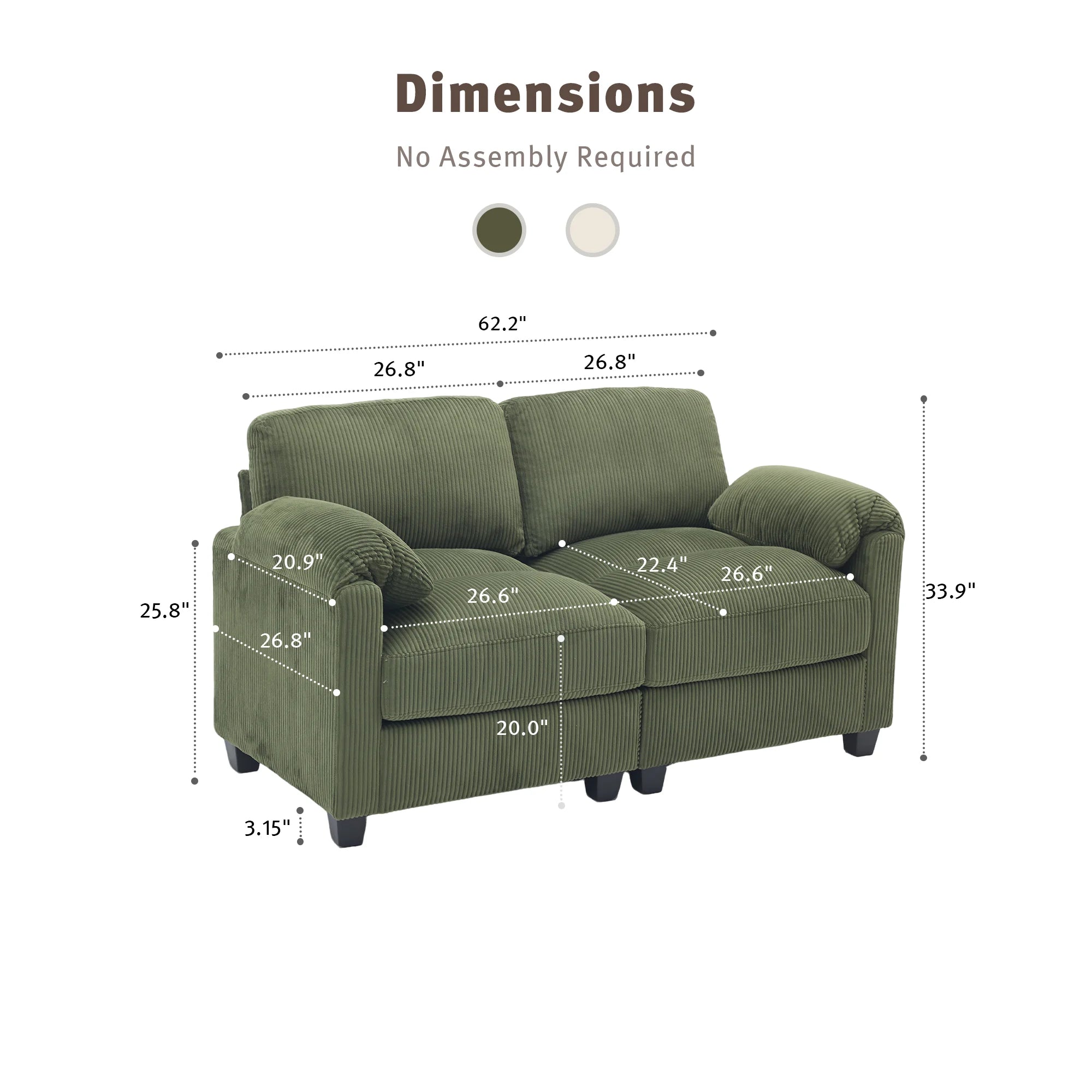 Green loveseat lounge sofa with ribbed upholstery and armrests, shown with size measurements