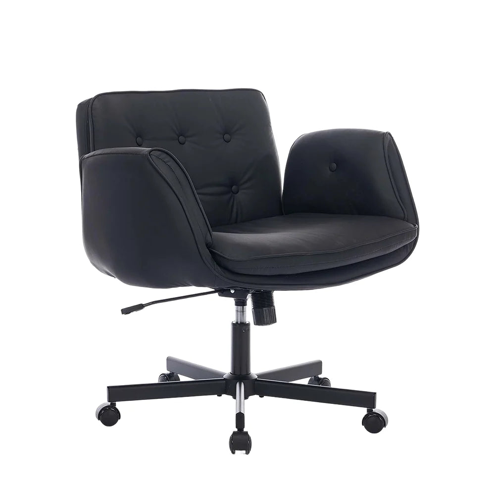 Dark upholstered office chair with contoured side panels and tufted back