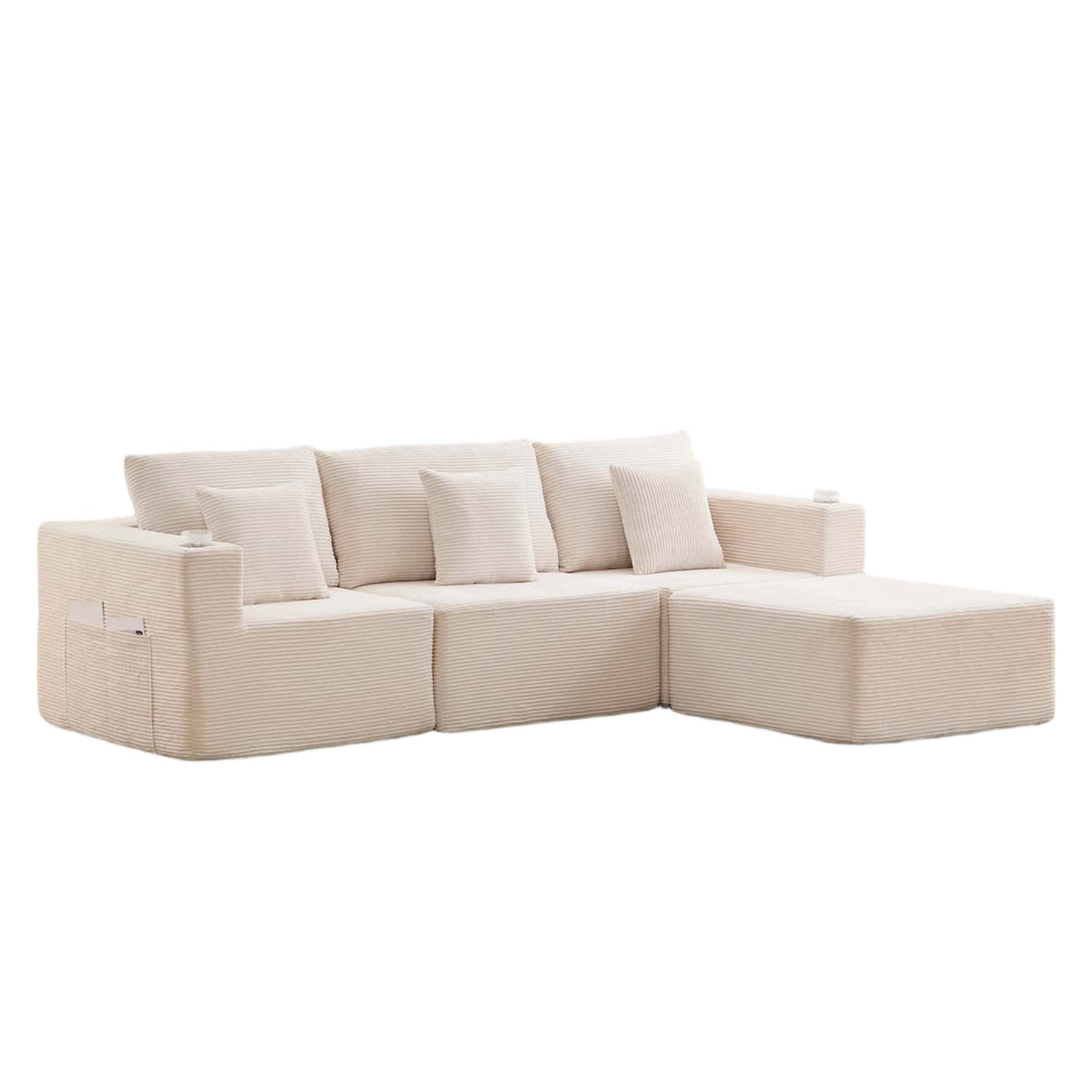 Light cream modular sectional sofa with ottoman-style side and square back pillows