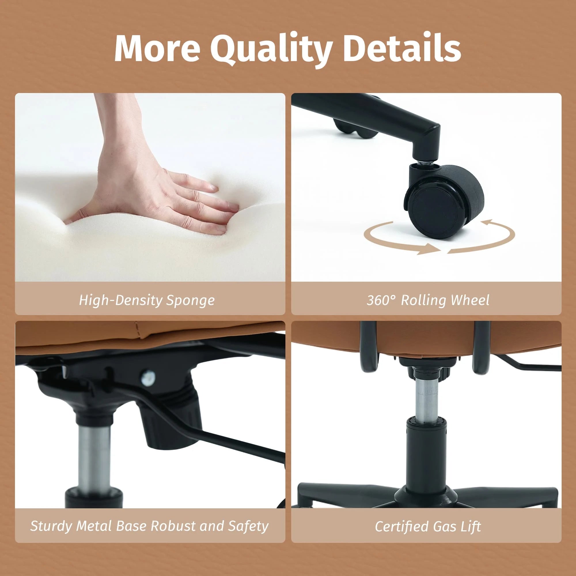 Office chair components: rolling casters, metal base, and adjustable gas lift