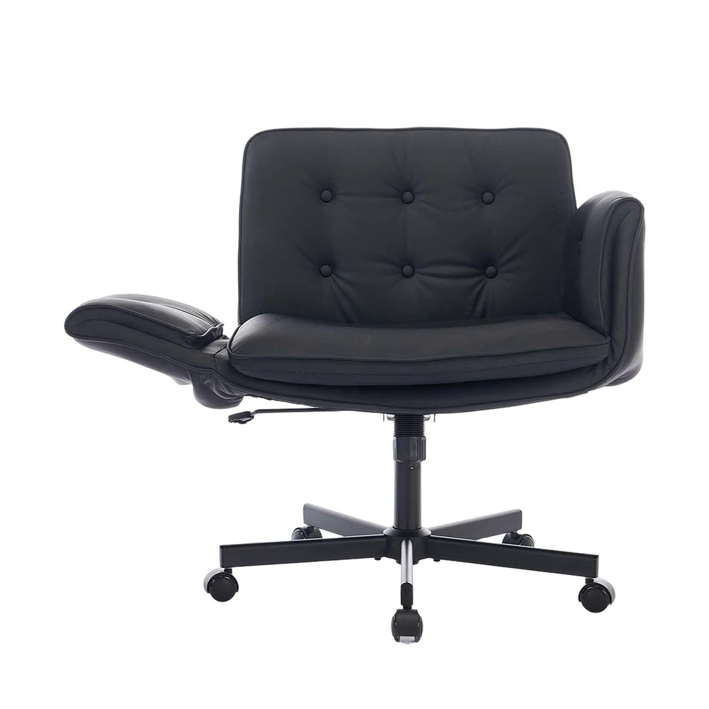 Dark upholstered office chair with tufted back and curved armrests
