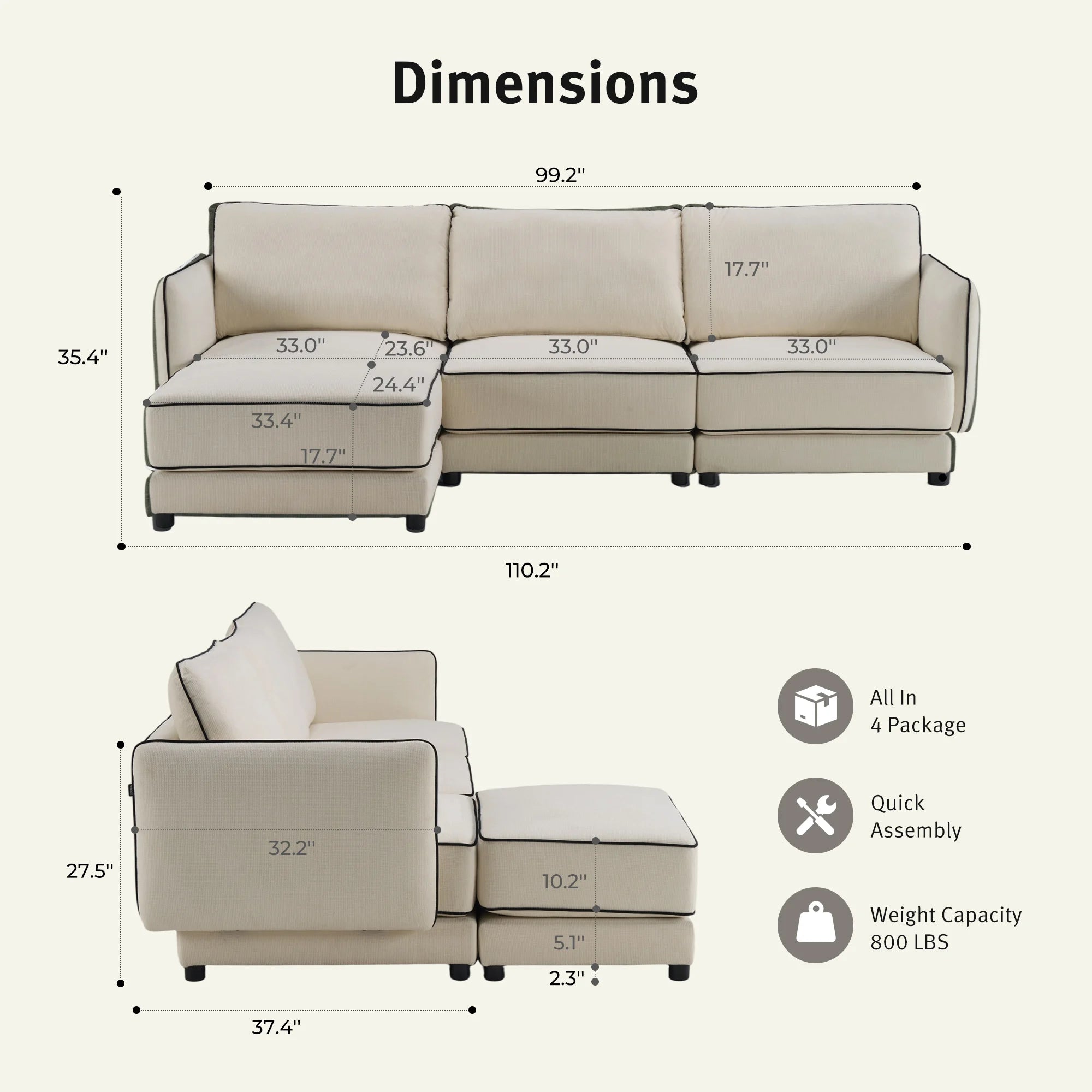 Cream sectional sofa with chaise, piped edges, three-seat back and corner arms