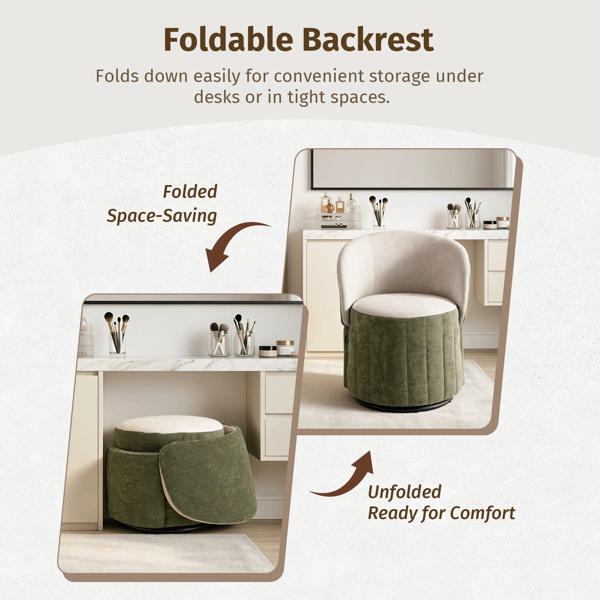 Green and beige barrel accent chair with foldable backrest for storage