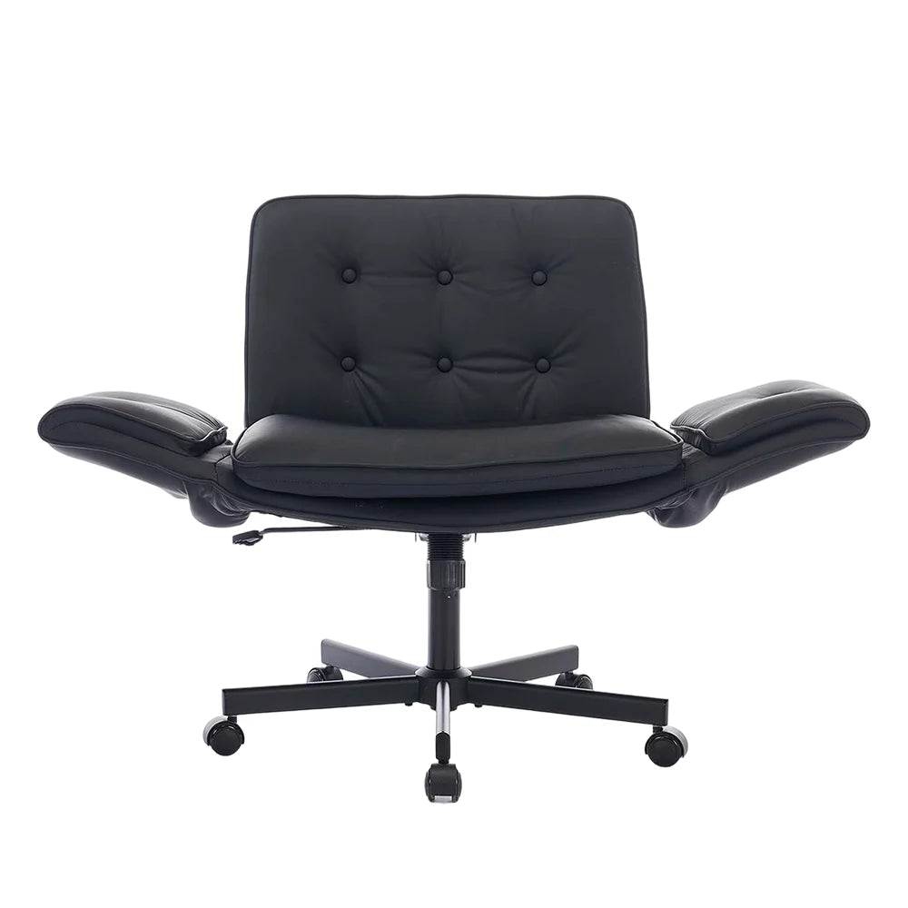 Dark upholstered office chair with cushioned seat, tufted back, and armrests