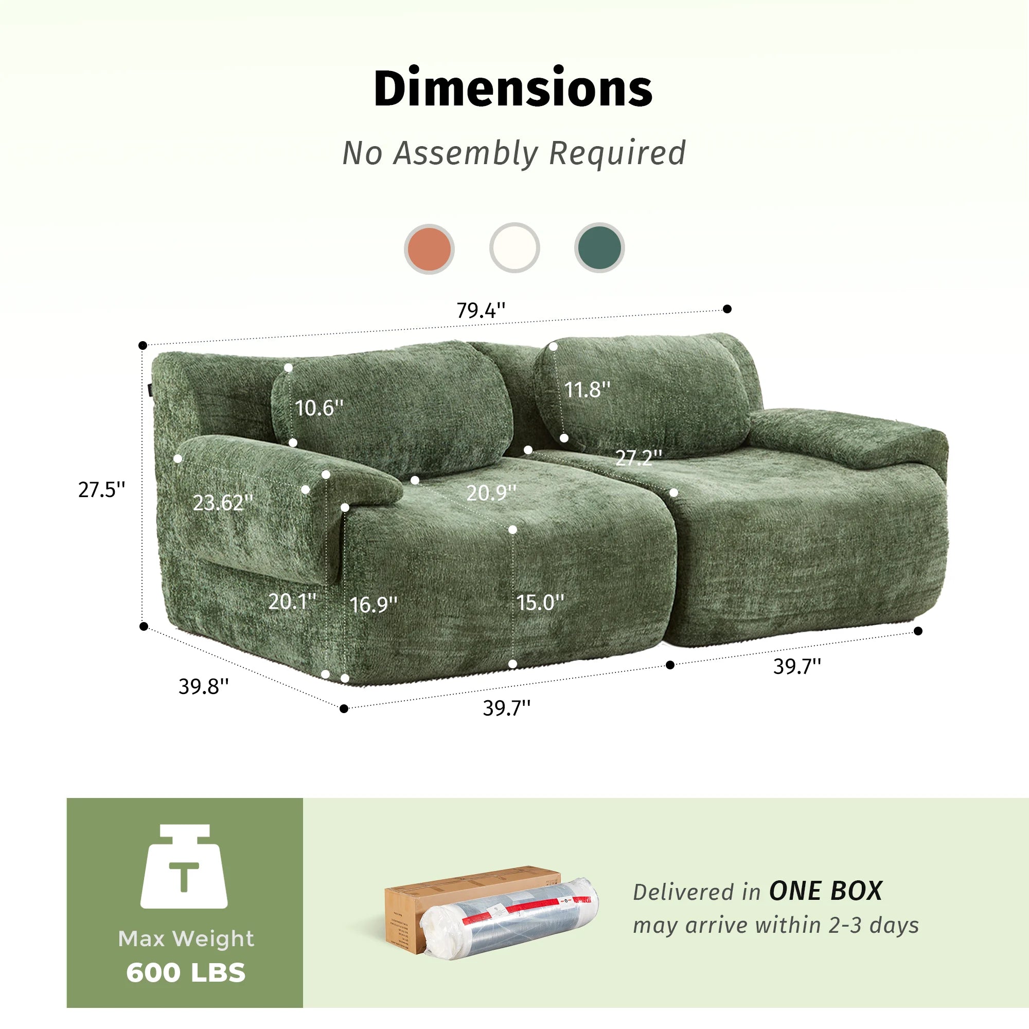 Green modular sectional loveseat sofa with padded armrests and back cushions