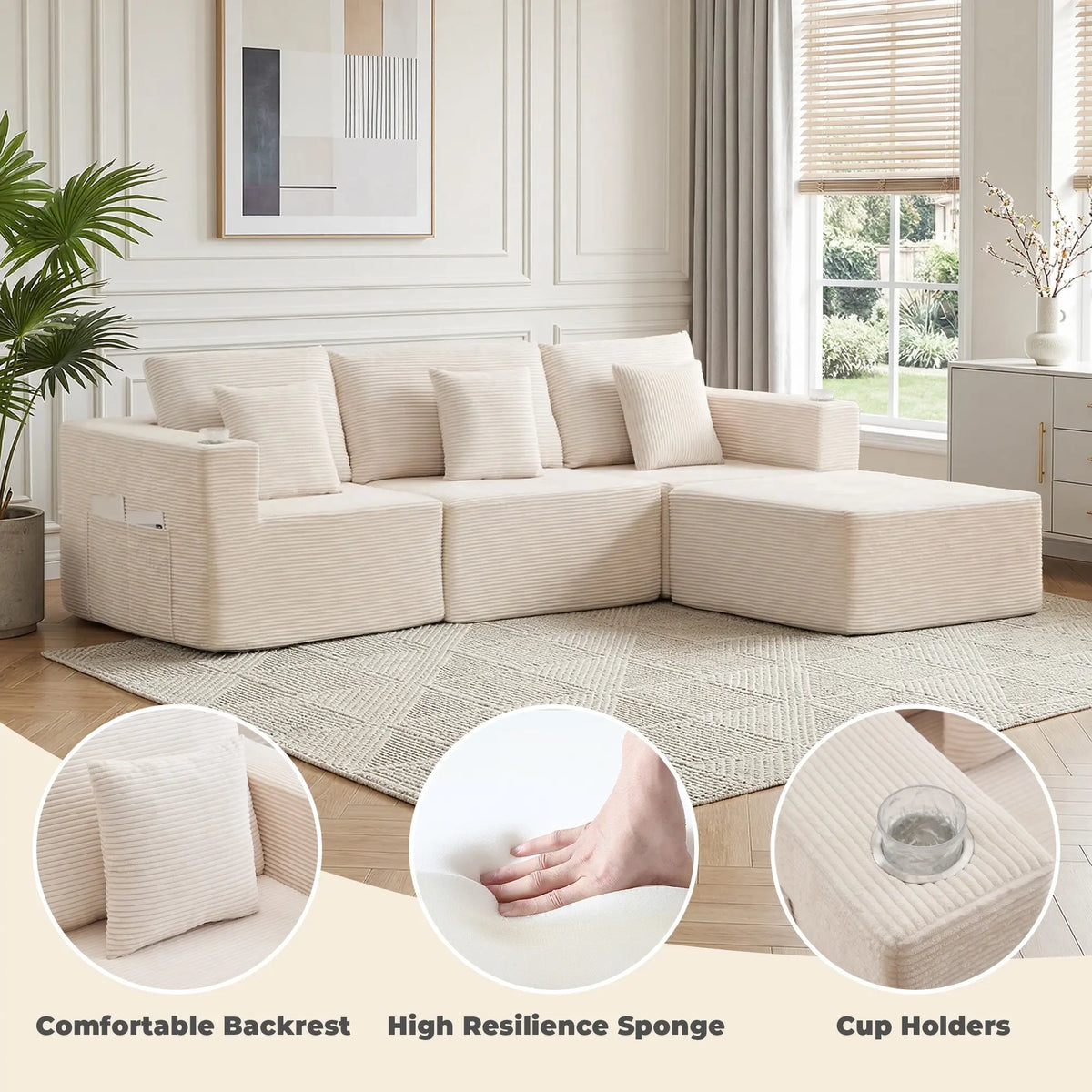 Cream modular sectional sofa with back cushions and wide seat sections