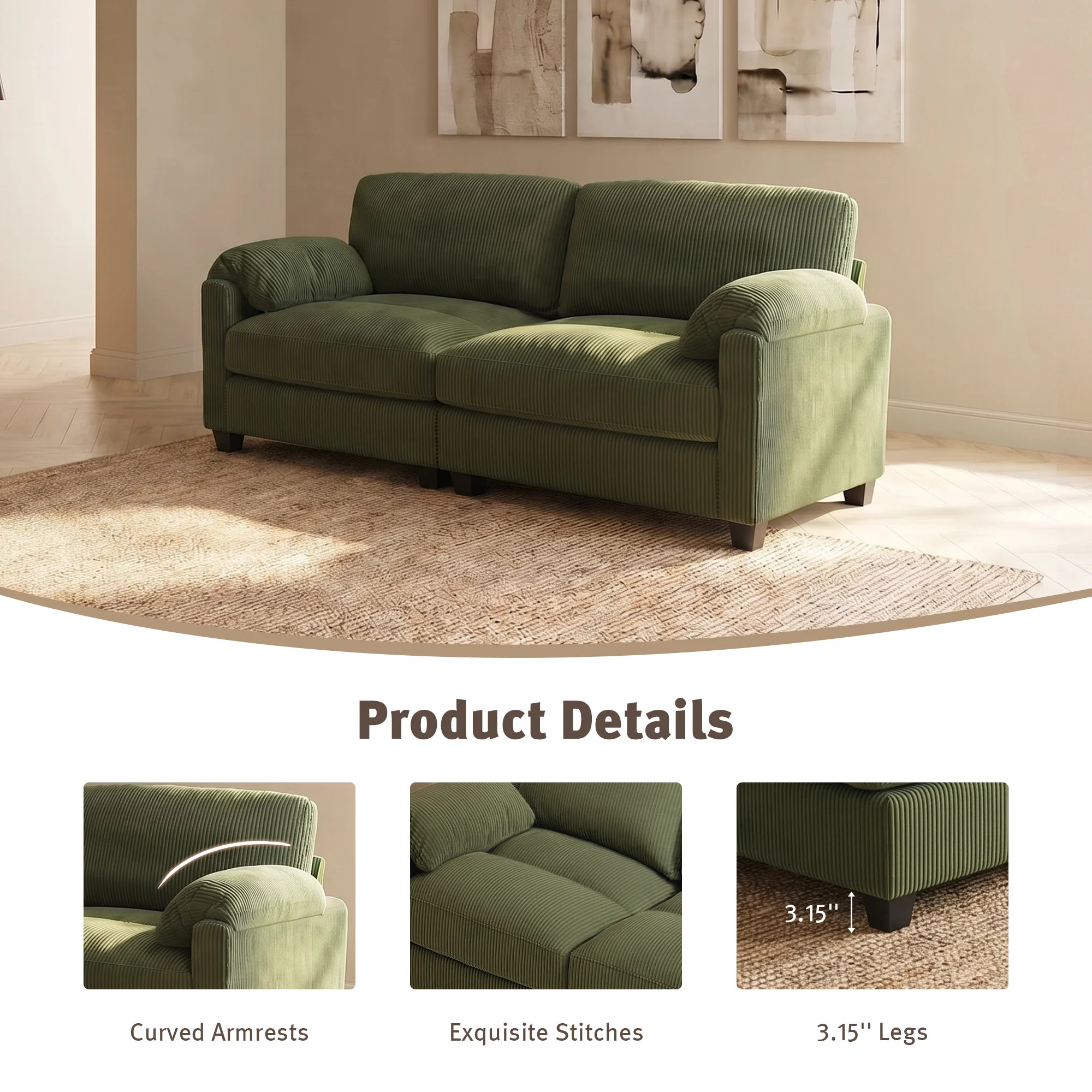 Green lounge sofa with curved armrests, visible stitching, and short legs