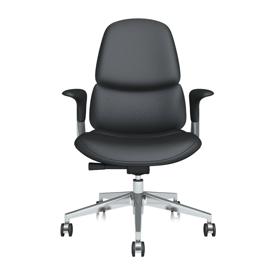 Mid-back leather office chair in dark black, centered front view with swivel base