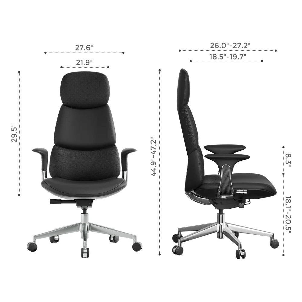 Black leather office chair with tall padded back, armrests, and swivel base on casters.