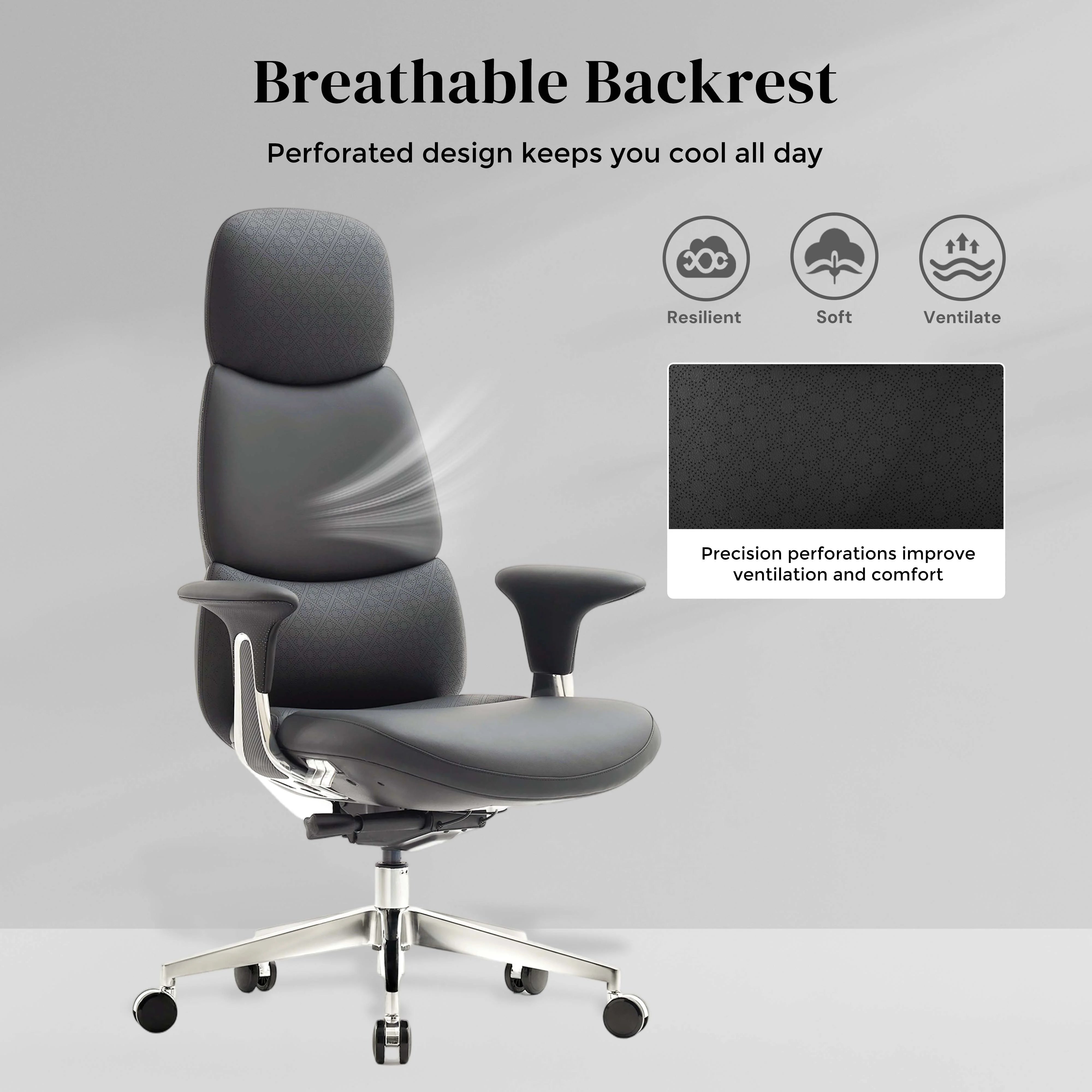 Dark gray leather office chair with perforated backrest and ergonomic seat, five-star base