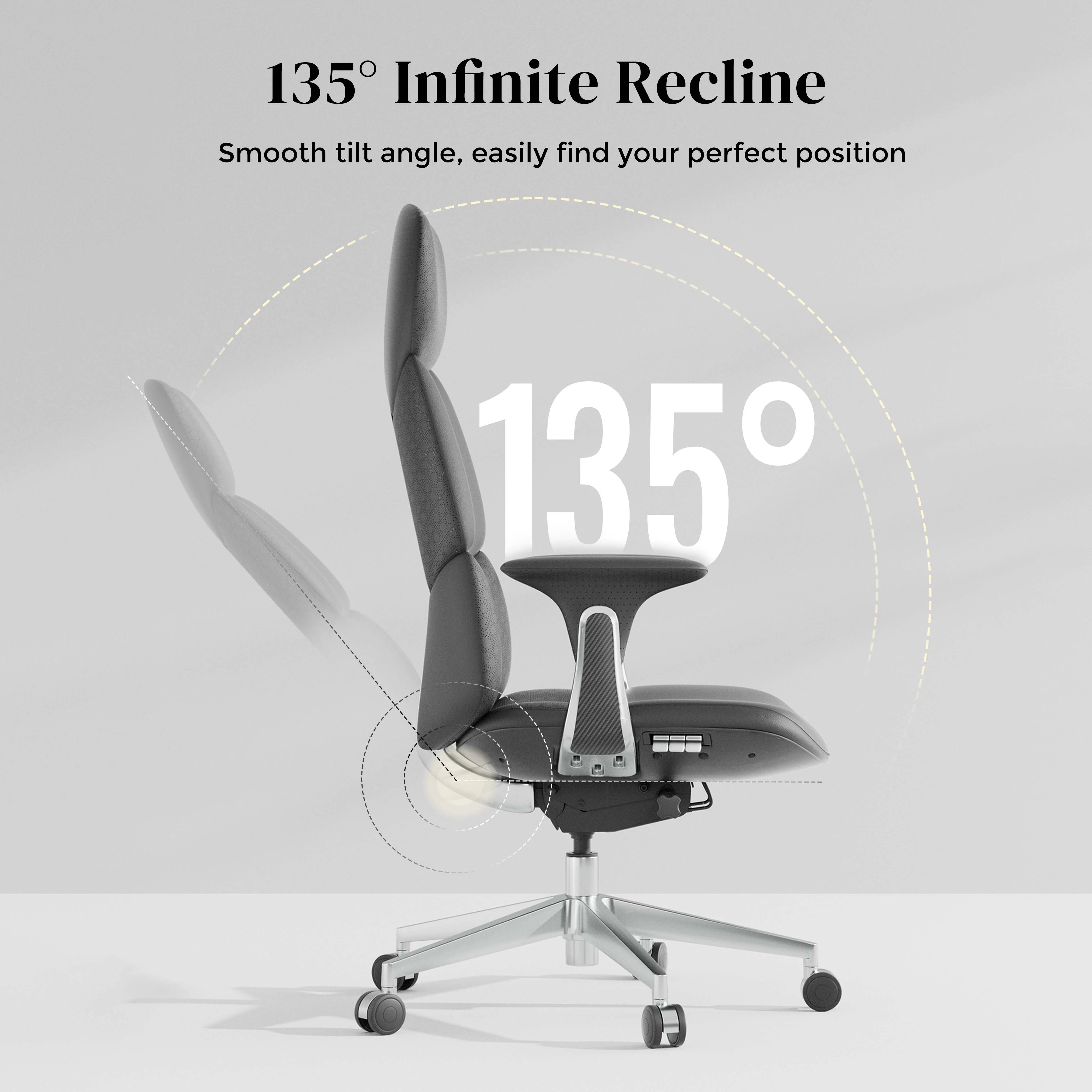 Dark gray leather office chair tilted up to 135 degrees on five-star base