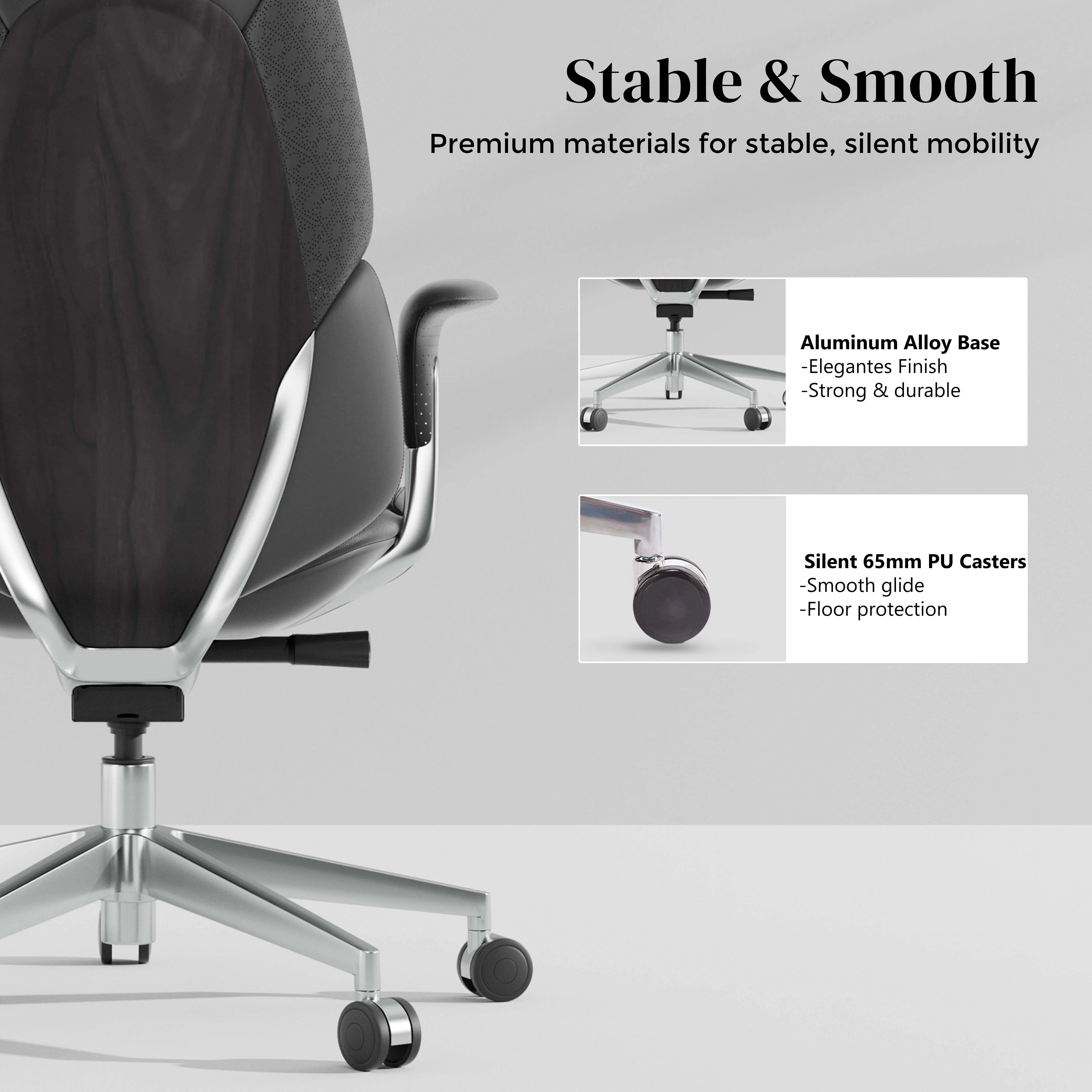 Dark leather office chair armrest and five-star base with smooth-rolling casters