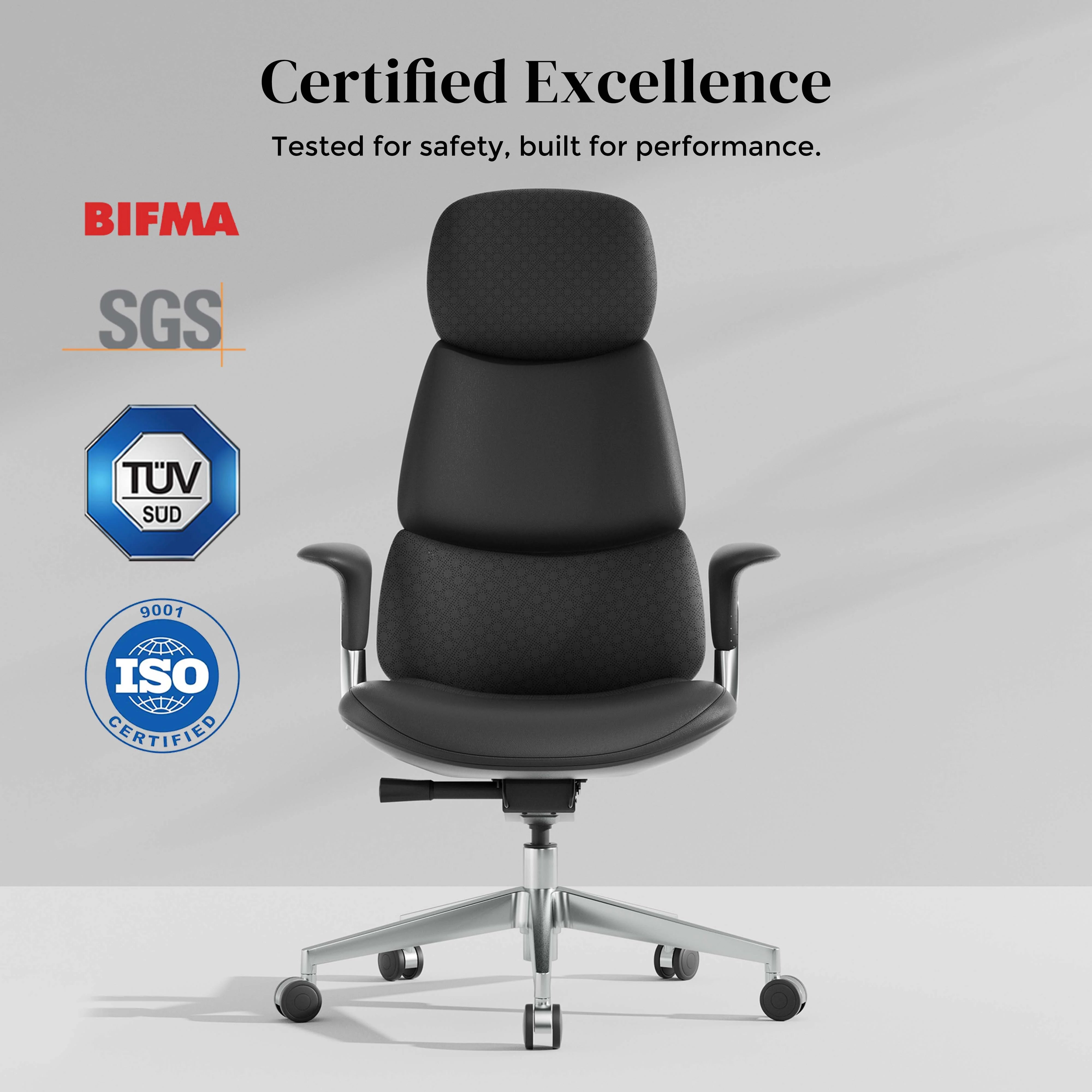 Black leather office chair with padded headrest and back, five-star base and casters