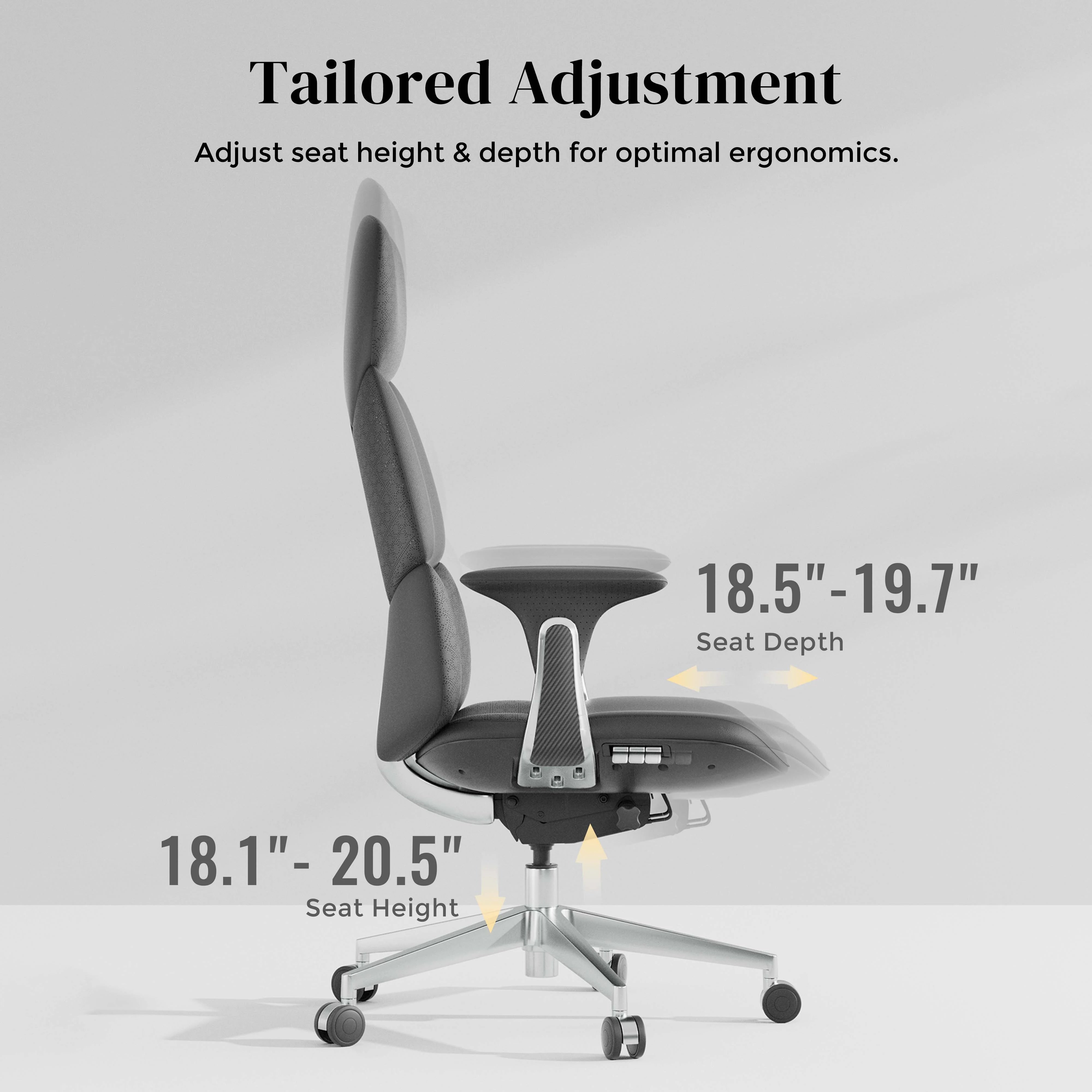 Gray leather office chair shown in side view with adjustable seat height and depth