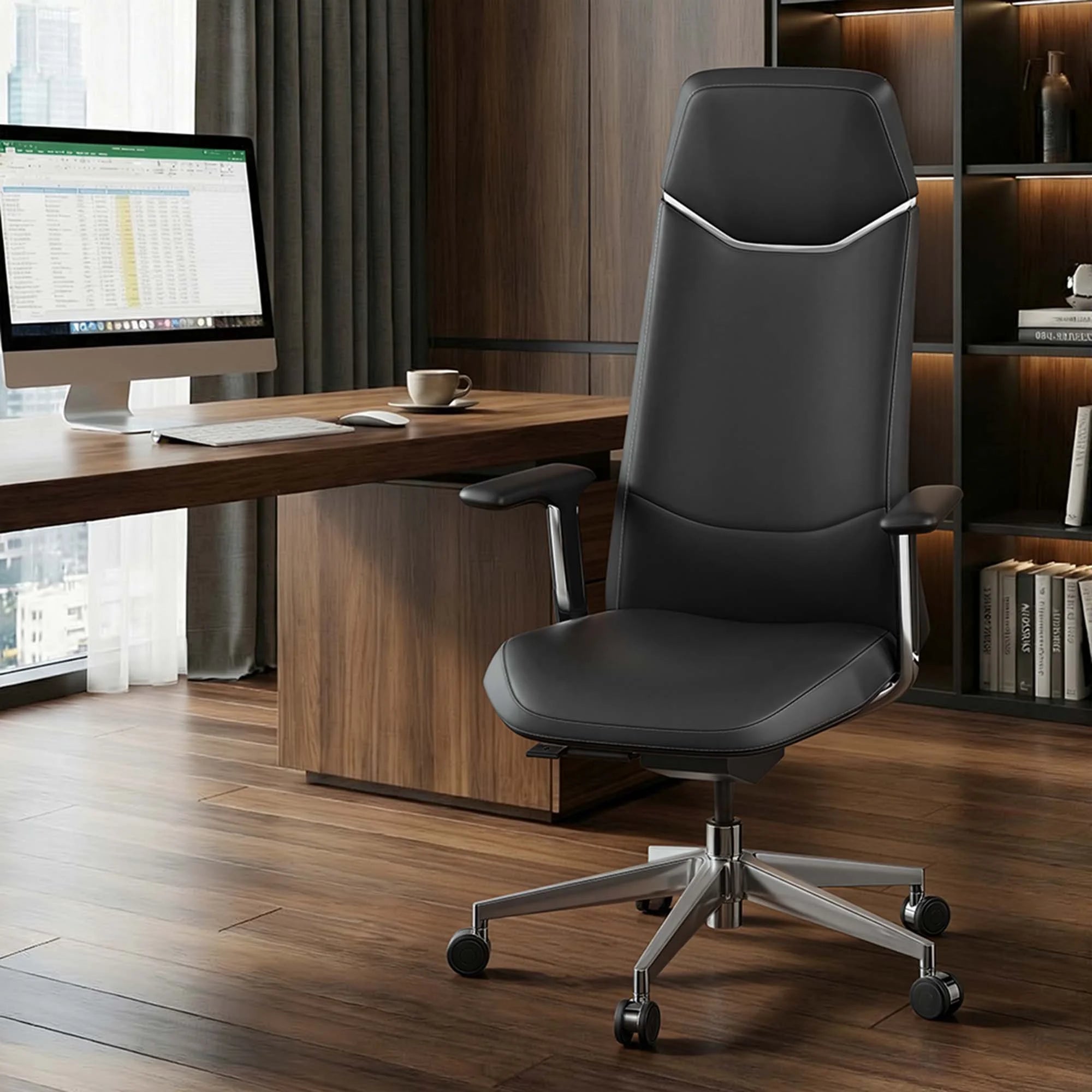 Gray leather office chair front 3/4 view, tall back with contrast trim, chrome base, casters