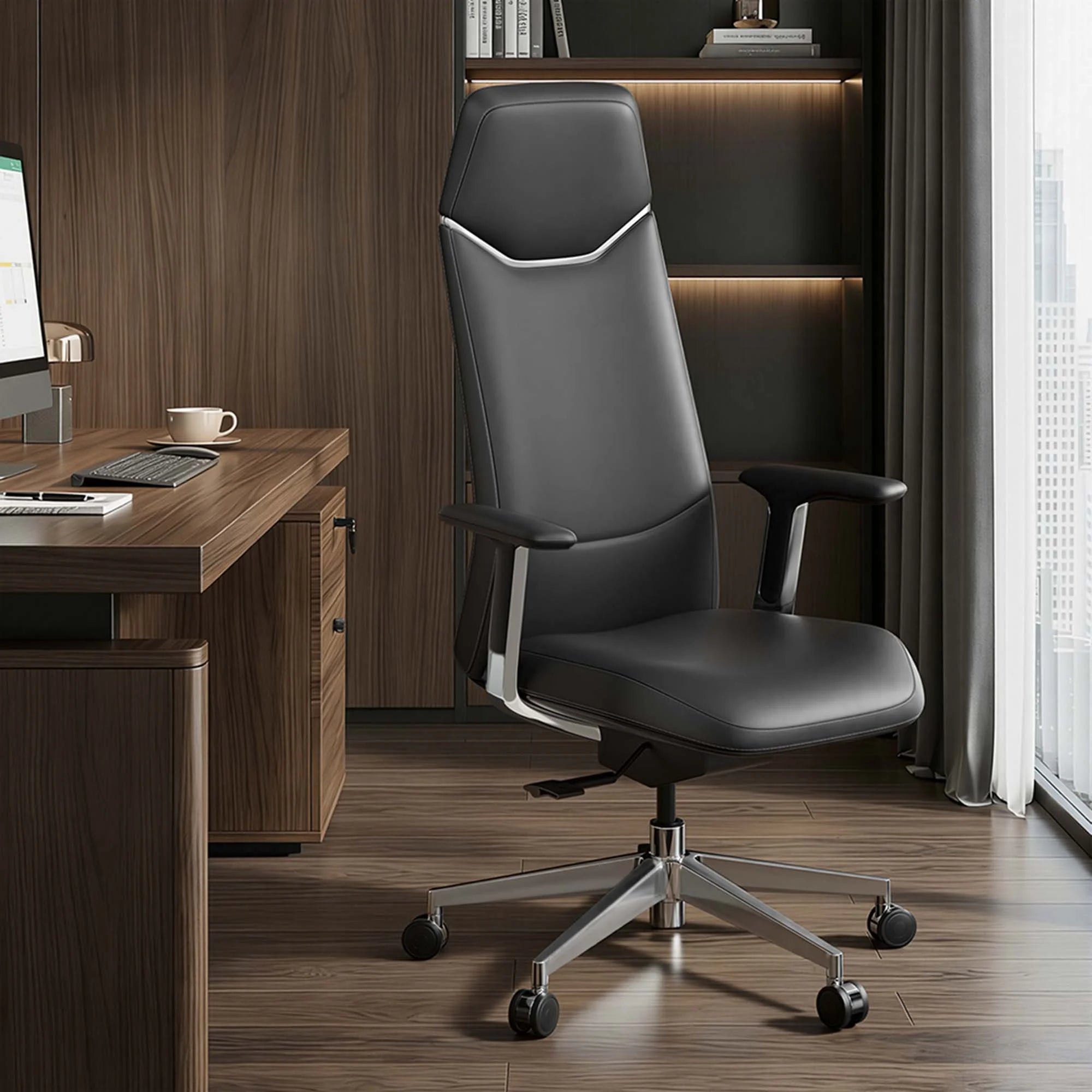 Gray leather office chair with tall back, padded seat, chrome star base, rolling casters