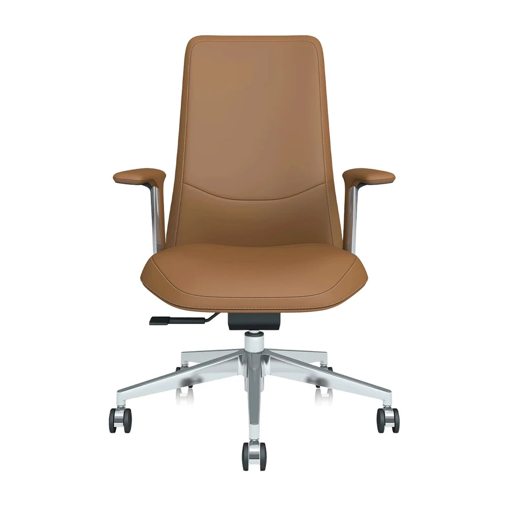Brown mid-back office chair with padded seat, curved back, and fixed armrests