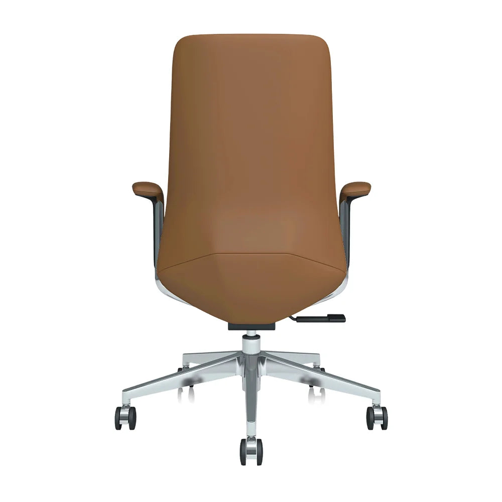 Brown mid-back office chair with padded back and seat on a swivel caster base