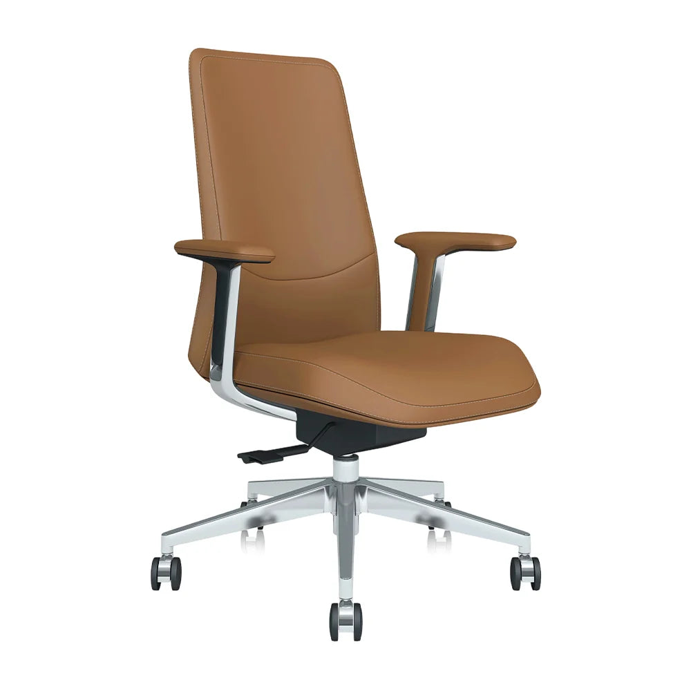 Brown mid-back office chair with padded seat and back on a rolling swivel base