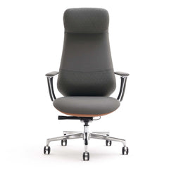 Dark grey leather office chair with headrest, padded seat, and chrome arm supports