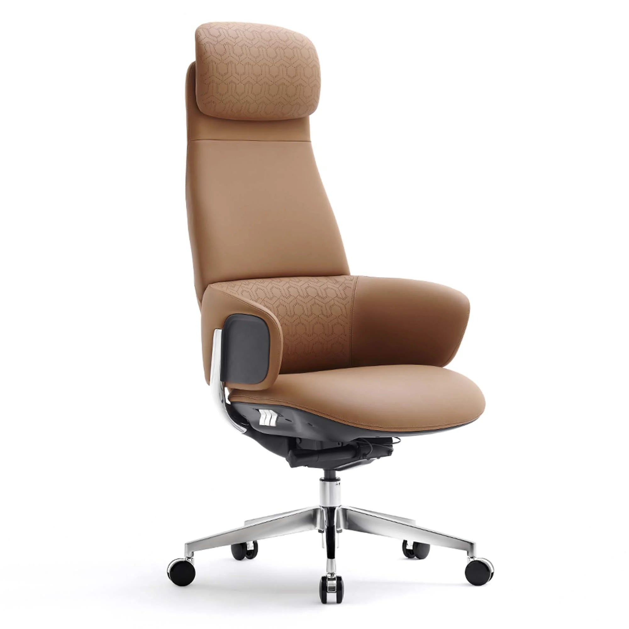 Leather office chair with lumbar support, tan patterned back and matching arm pad