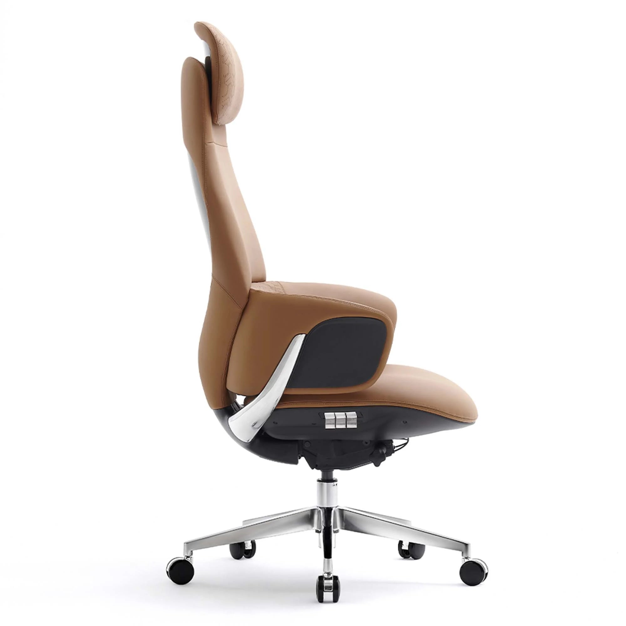 Leather office chair with lumbar support, tan upholstery with black side lumbar panel
