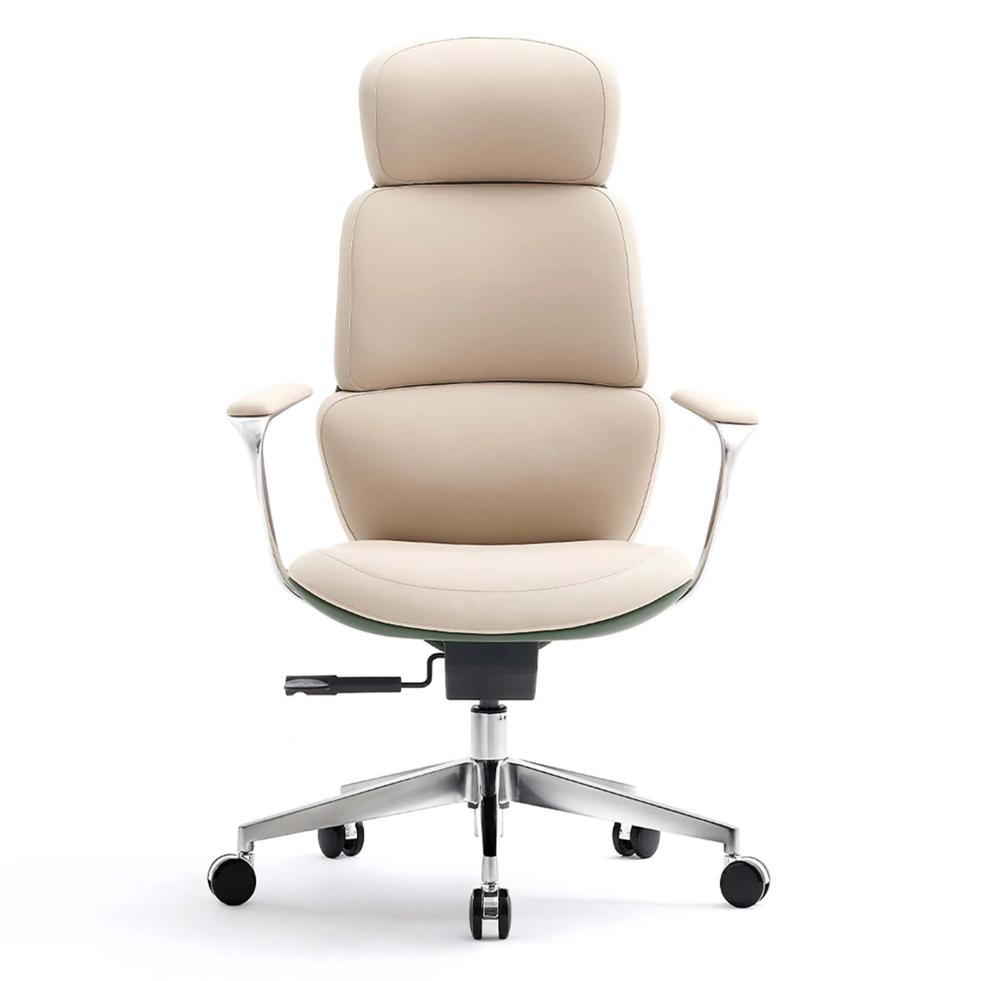 Beige leather office chair with headrest, cushioned seat, and chrome rolling base.
