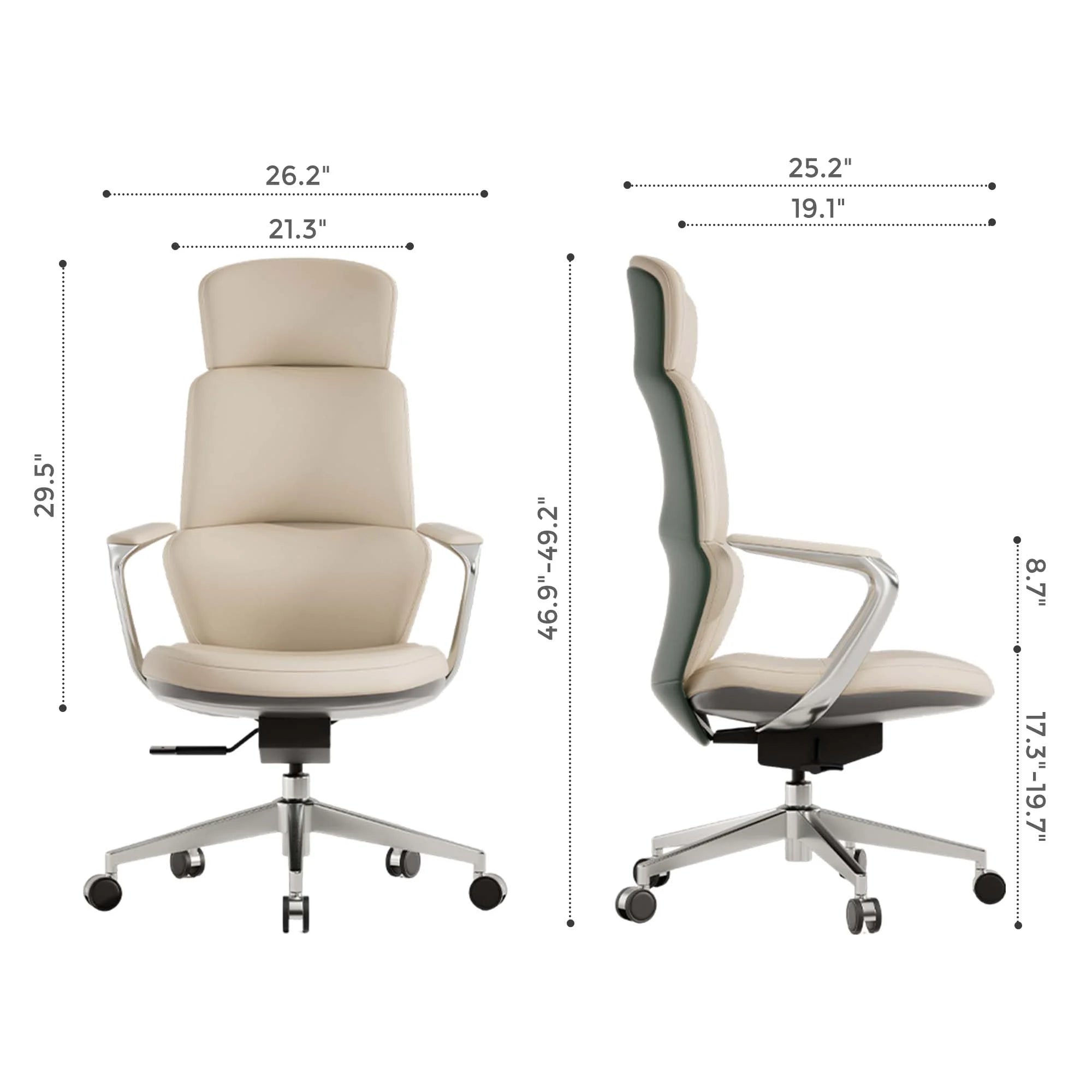 Light beige leather office chair with dimension lines on front and side views.